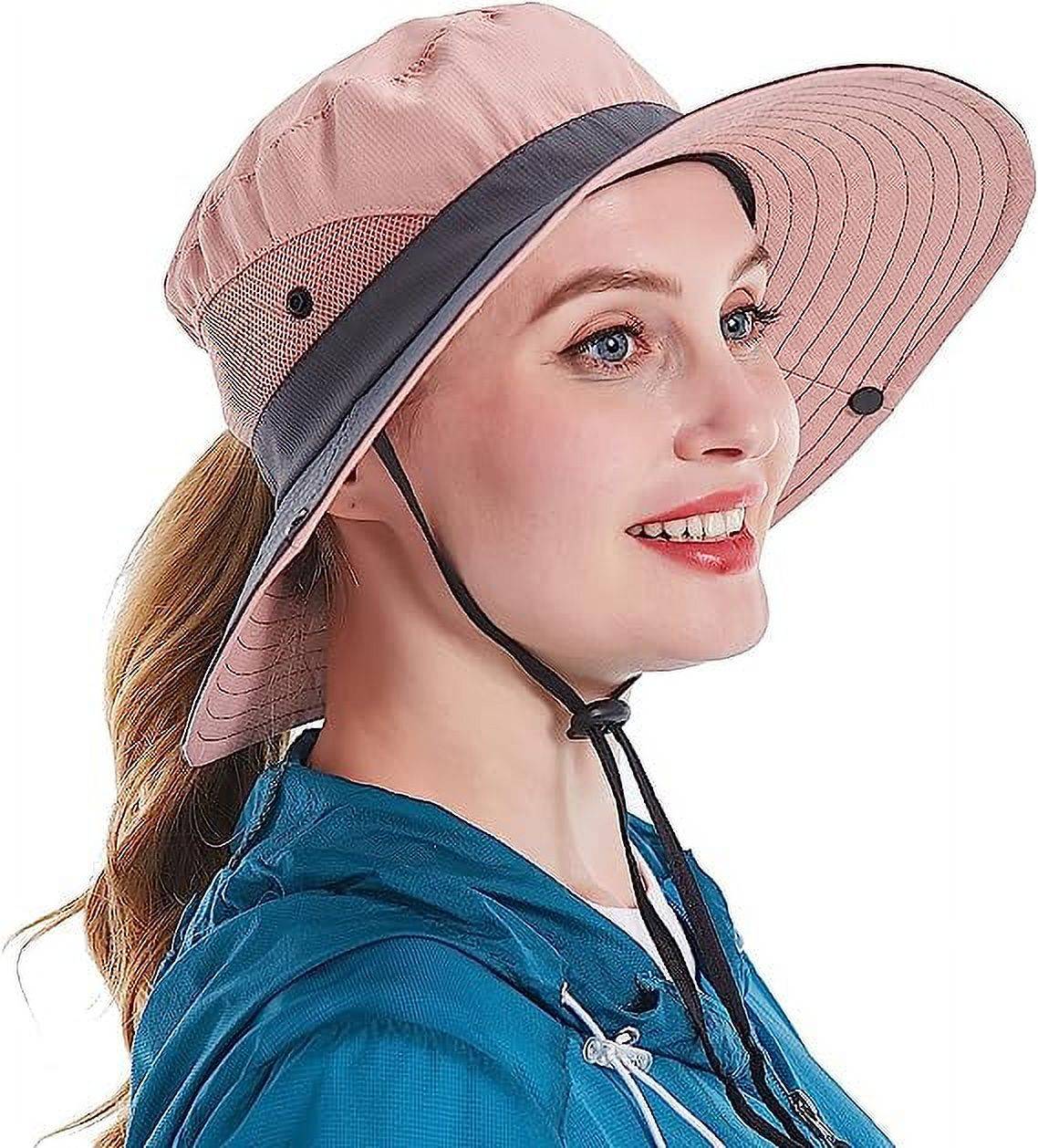 Sun Hat for Women UV Protection Bucket Fishing Hat with Ponytail-Hole, Foldable Outdoor Sun Hats Mesh Wide Brim Beach Hat.<br /><br />

Product Highlights:<br /><br />

【One Size Most】: This item women sun hat fits most ladies, Head circumference 21.2in-23.2 in/54cm-59cm, Brim width 3.3in-3.7in/8.5cm-9.5cm, Hat height 3.9in/10cm. Suitable size, casual style bucket hat will bring more comfort to your outdoor activities.<br /><br />

【Foldable & Breathable Fabric】: Mesh wide brim beach fishing Hat is made of polyester + cotton, lightweight and breathable, Inside is breathable mesh layer can greatly improve cooling. The beach hat is easy folded in half into your backpack, foldable material can be restored to its original shape for easy carrying or bagging.<br /><br />

【Adjustable Windbreak String】: The adjustable chin strap is durable and easy to slide up and down, for fixing the sun hat, especially in windy days, ensuring the summer cap does not fall in strong winds.<br /><br />

【Ponytail Hole Design】: The ponytail opening on the back is an intimate design for women, ponytail hat wide brim enough to protect the face from the sun and provides excellent protection from UV rays.<br /><br />

【Widely Used】： Women sun hats are perfect choices for outdoor, travel, beach, fishing, camping, hiking, hunting, gardening, pool, climbing, boating, golf, etc. This sun hat will be your staple hat for the entire summer!<br /><br />

Specifications:<br />
Material: 100% Polyester<br />
Pattern Type: Solid<br />
Style: Outdoor Hats<br />
Closure Type: Button closure<br />
Washing type: Machine Wash<br />
Size: One Size<br />
Color: Beige, Pink, Pure Black, Pure Grey, Pure Pink, Sky Blue, Watermelon Red<br /><br />

Package Contents:<br />
1 x Sun Hat<br />