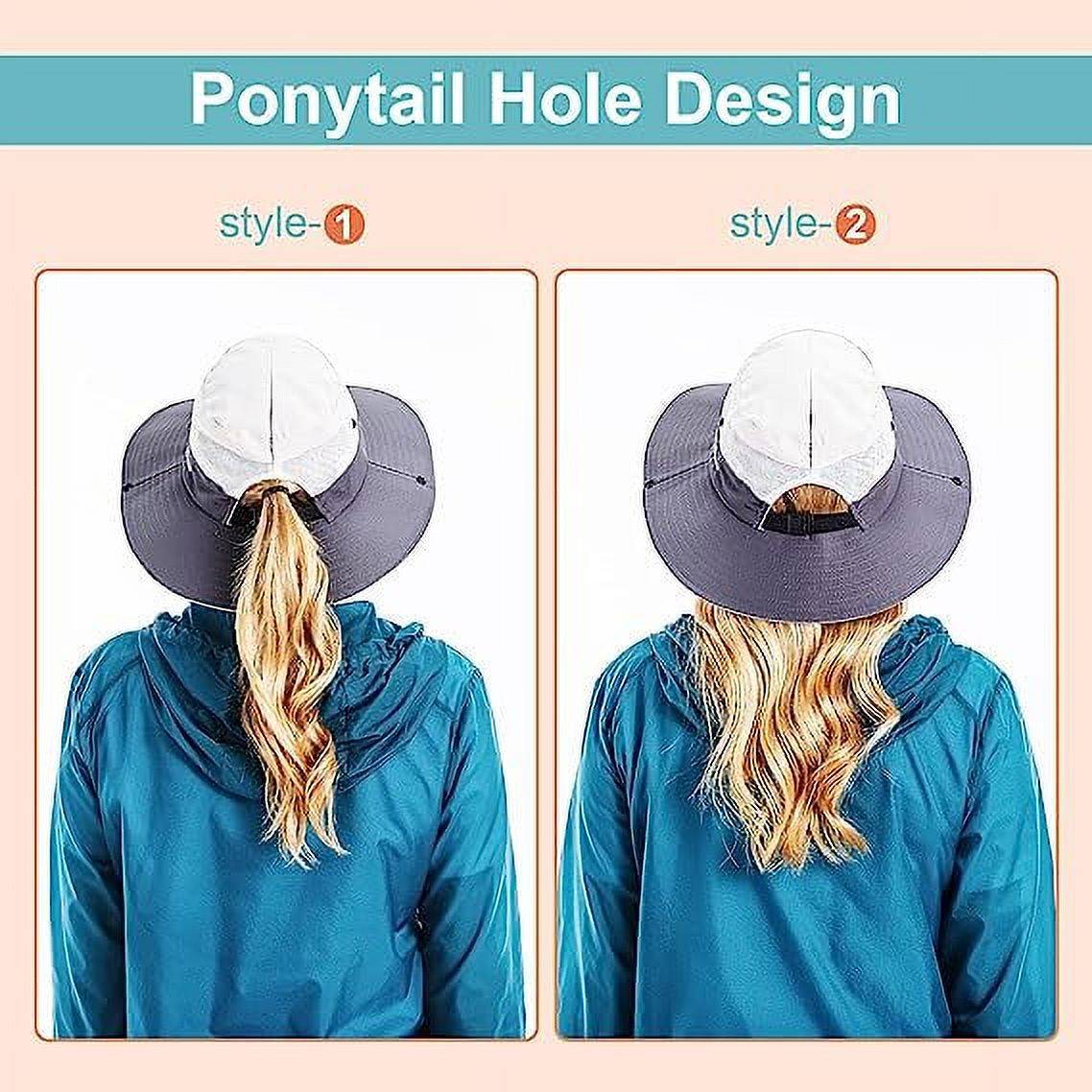 Sun Hat for Women UV Protection Bucket Fishing Hat with Ponytail-Hole, Foldable Outdoor Sun Hats Mesh Wide Brim Beach Hat.<br /><br />

Product Highlights:<br /><br />

【One Size Most】: This item women sun hat fits most ladies, Head circumference 21.2in-23.2 in/54cm-59cm, Brim width 3.3in-3.7in/8.5cm-9.5cm, Hat height 3.9in/10cm. Suitable size, casual style bucket hat will bring more comfort to your outdoor activities.<br /><br />

【Foldable & Breathable Fabric】: Mesh wide brim beach fishing Hat is made of polyester + cotton, lightweight and breathable, Inside is breathable mesh layer can greatly improve cooling. The beach hat is easy folded in half into your backpack, foldable material can be restored to its original shape for easy carrying or bagging.<br /><br />

【Adjustable Windbreak String】: The adjustable chin strap is durable and easy to slide up and down, for fixing the sun hat, especially in windy days, ensuring the summer cap does not fall in strong winds.<br /><br />

【Ponytail Hole Design】: The ponytail opening on the back is an intimate design for women, ponytail hat wide brim enough to protect the face from the sun and provides excellent protection from UV rays.<br /><br />

【Widely Used】： Women sun hats are perfect choices for outdoor, travel, beach, fishing, camping, hiking, hunting, gardening, pool, climbing, boating, golf, etc. This sun hat will be your staple hat for the entire summer!<br /><br />

Specifications:<br />
Material: 100% Polyester<br />
Pattern Type: Solid<br />
Style: Outdoor Hats<br />
Closure Type: Button closure<br />
Washing type: Machine Wash<br />
Size: One Size<br />
Color: Beige, Pink, Pure Black, Pure Grey, Pure Pink, Sky Blue, Watermelon Red<br /><br />

Package Contents:<br />
1 x Sun Hat<br />