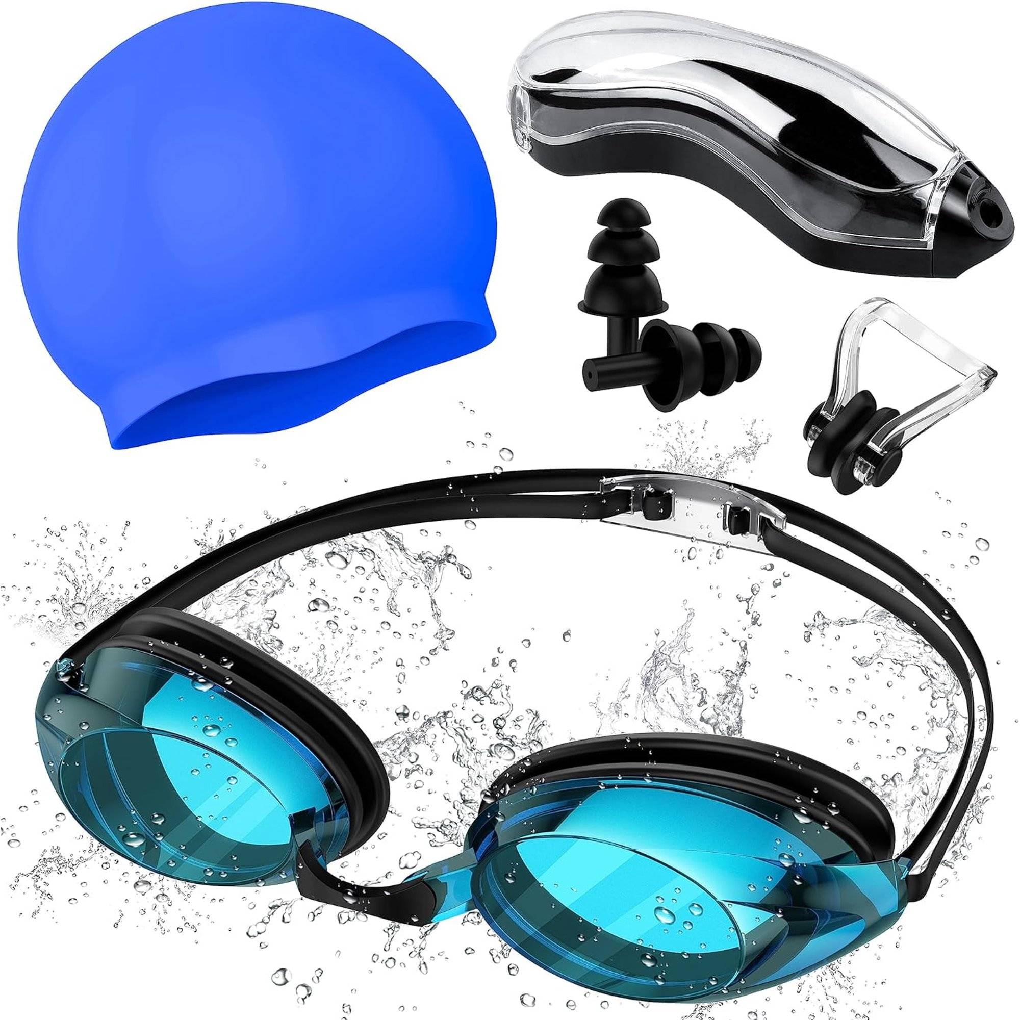 Swim Goggles for Kids, Adults, Youth, No Leak Waterproof Goggles with Nose Cover, Tinted, Anti-fog Lenses with UV Protection.

Key Features:
. Youth goggles provides a sleek, snug, low profile inner eye fit.
. Anti-Fog coating helps prevents the condensation of water.
. Flexible silicone frame and gasket can ensure no leak water.
. UV protected lenses block the sun's harmful UVA and UVB rays.
. Mirrored lens helps reduce glare.
. Updated styling with ultra low profile design and 25% more peripheral vision.

Specifications:
Brand: Juyafio
Color: Blue
Frame Material: Silicone+ABS
Lens Material: PC
Size: Large
Weight: 7.05 Ounces

Packing list:
1x Swim goggles
1x Nose Clips
1x Portable case
1x Elastic Swimming Caps

Notes:
. This goggles can not be used by people who have over 100 degrees myopia eyes.
. Please take off the protective film on the surface of the goggles before use.