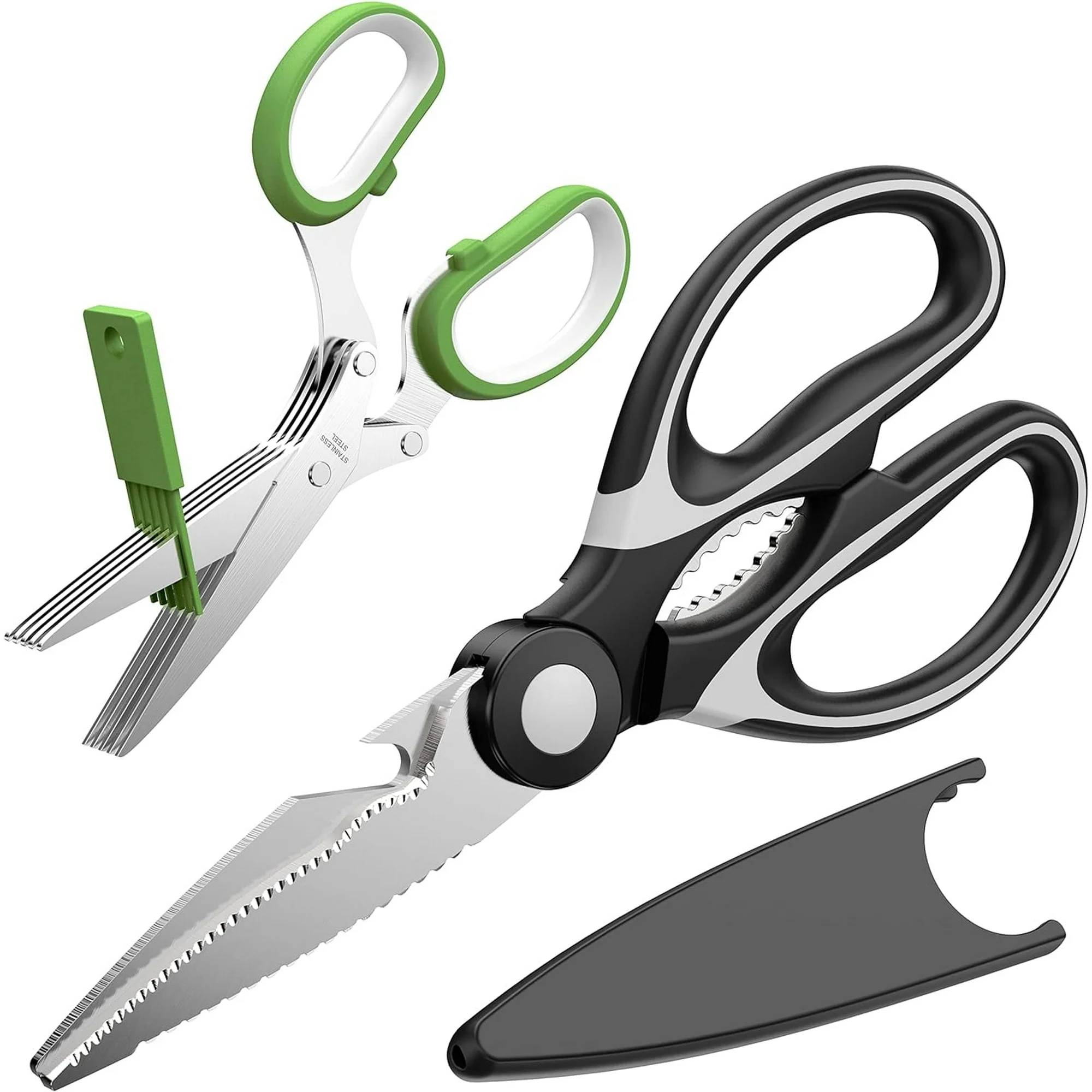 【Prefect All Purpose Kitchen Scissors Set】Has 2 different kitchen tools, including 8" super sharp kitchen shears & 5 blades herb scissors. All-purpose scissors for kitchen,household,home,car,outdoor general use. Great kitchen utility scissors set for women,men,adults,older. Make the kitchen job easier.

【Stainless Steel Sharp Blades & Soft Comfortable Handles】Made of premium stainless steel, these food scissors are super sharp, allowing you to cut through your food,meat,vegetables,chicken,poultry,fish,herbs,seafood,BBQ,food packing bags. A pair of multi-purpose scissors will be absolutely for everyday use, bring kitchen work more convenience. The ergonomically designed handle is shaped for comfort and features a soft grip coating for stability.

【Multifunctional Kitchen Shears】In addition to cut meat and vegetables in the kitchen it has more uses, which can be used as nuts cracker, bottle opener. Besides, the blade has a micro-serrated edge, and the scissor can scrape away fish scales. Not only performs well for kitchen tasks, but also daily use: cutting card boards, papers, hard plastic of product boxes, trimming rose stems. You want to use it everywhere and you can.

【Wonderful Herb Scissors】5-blade herb scissors can quickly cut vegetable stems into pieces. With it you can quickly and directly cut herbs on pizza, salad, casserole and soup. Such as onion, coriander, parsley, rosemary, leek, celery and other similar herbs. It's convenient to use in the kitchen, on the table and even cookout. No more cleaning knife and cutting boards. Not need to worry about cutting your finger like using a knife. And it's easy to clean up.

【Worth to Get Them】Warm tips: Pls cleaning after use, wipe off the water and keep dry to prevent rust. Hand washing is recommended in order to keep the blade edges sharp. Shears are suitable for right- or left-handed use. We guarantee that the high quality kitchen scissors will surely please you! Also a perfect gift on Christmas, Wedding Day, Mother's Day, Housewarming or more, especially for cooks and herb lovers.
