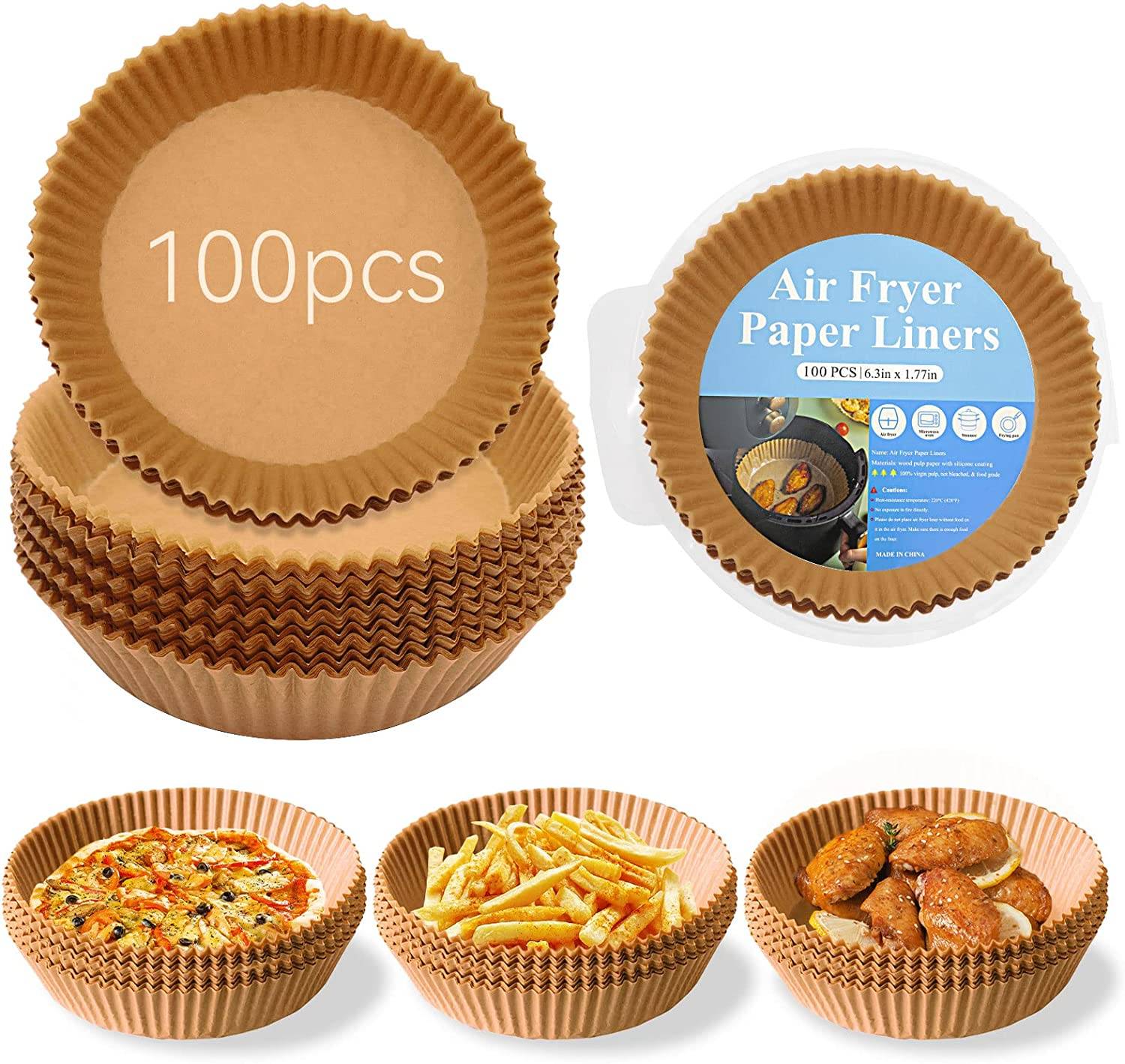 Why air fryer liners is a good helper in your kitchen?
. Just throw away the air fryer disposable paper liners after use. No need to clean the fryer anymore.
. Sufficient quantities offer a wide range of choices for your daily cooking, baking and replacement needs.
. These Air Fryer Paper liner can effectively keep food residue away from air fryer and make it as clean as unused.
. The heat is generated by air circulation from the pan's wall,Non Stick air Fryer Lining, and it won't affect the air circulation by air fryer tray liners. When baking, the grease comes out to the paper liner,Parchment air fryer lining, ensure the original taste of food.