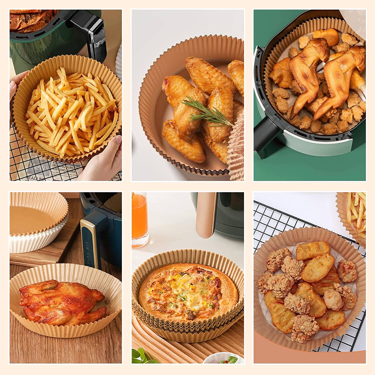 Why air fryer liners is a good helper in your kitchen?
. Just throw away the air fryer disposable paper liners after use. No need to clean the fryer anymore.
. Sufficient quantities offer a wide range of choices for your daily cooking, baking and replacement needs.
. These Air Fryer Paper liner can effectively keep food residue away from air fryer and make it as clean as unused.
. The heat is generated by air circulation from the pan's wall,Non Stick air Fryer Lining, and it won't affect the air circulation by air fryer tray liners. When baking, the grease comes out to the paper liner,Parchment air fryer lining, ensure the original taste of food.