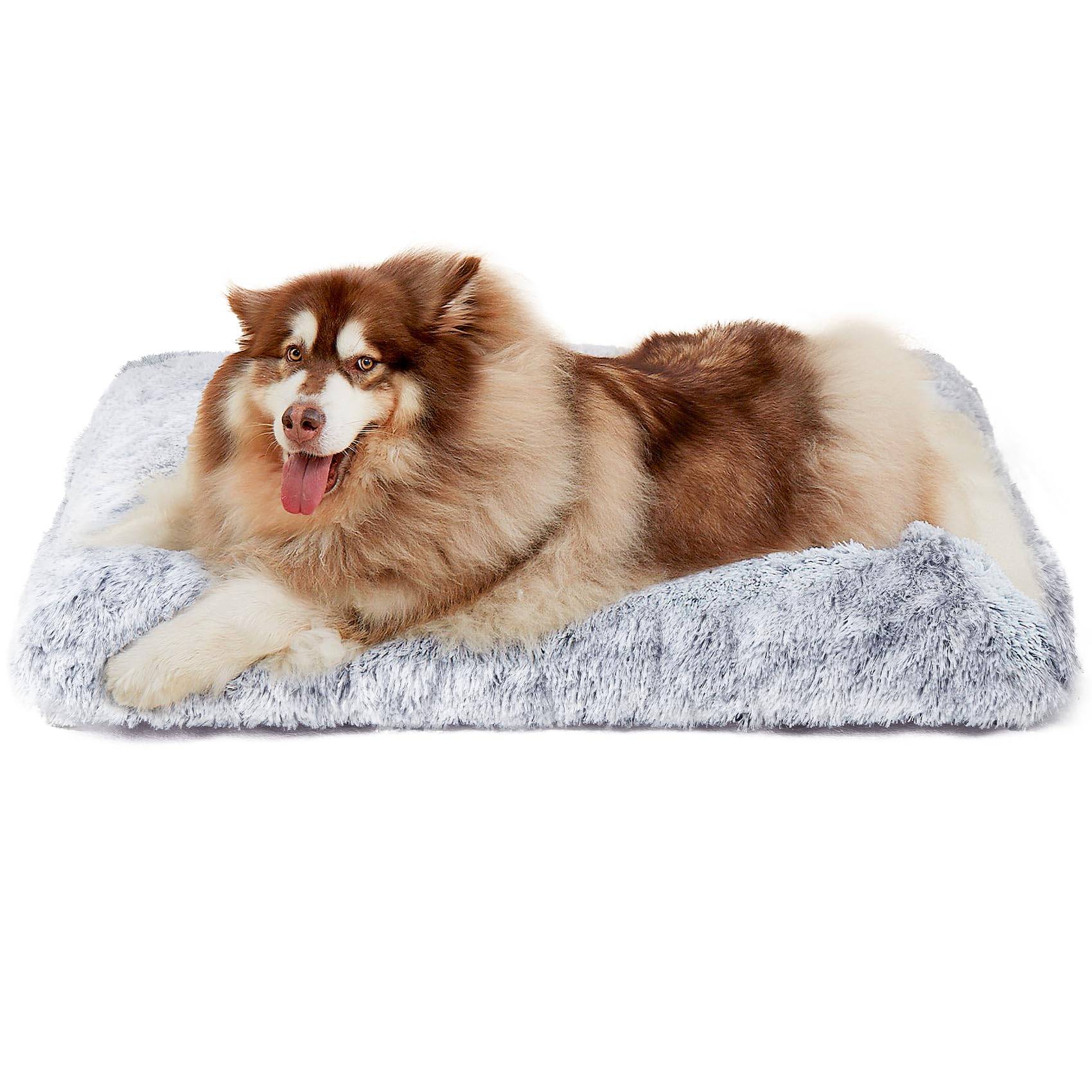 Which dog or cat would refuse a luxurious, comfortable, soft, and furry bed. Choose us, let's give your dog a truly comfortable and secure home.<br/>
Our pet mat is made of high-quality thick plush and PP cotton, Helps to relieve pet muscle pain， Never shedding or sticking hair, skin friendly and soft, filled with high-quality PP cotton with a thickness of nearly 5 inches, making the mat more breathable, soft and elastic, making it irresistible to dogs.<br/><br/>
The back material is made of Oxford cloth, which is wear-resistant and injection molded with anti slip particles, making it more thoughtful. No matter how the dog plays, the cushion will not move around, giving the dog a sense of security and making it easier for you to take care of your dog.<br/>
EASY CARE: The 6 keyhole fastening design helps keep the stuffing in place, so the dog bed is fully washable and holds its shape through multiple washes. Machine wash, gentle cycle, tumble dry low. Great as a dog bed, dog Pad,dog pillow, plush dog mat, cage pad, dog bed mat, or even a travel bed in your car or truck..and suitable for all seasons.<br/>
SIZES: dog crate pad measures 43 "L x 30" W x 4.5 "H and fits dogs up to 100 lbs. The pet bed arrives in a bag as a vacuum packed bed, just shake and pat it or let it inflate for about 24 hours..