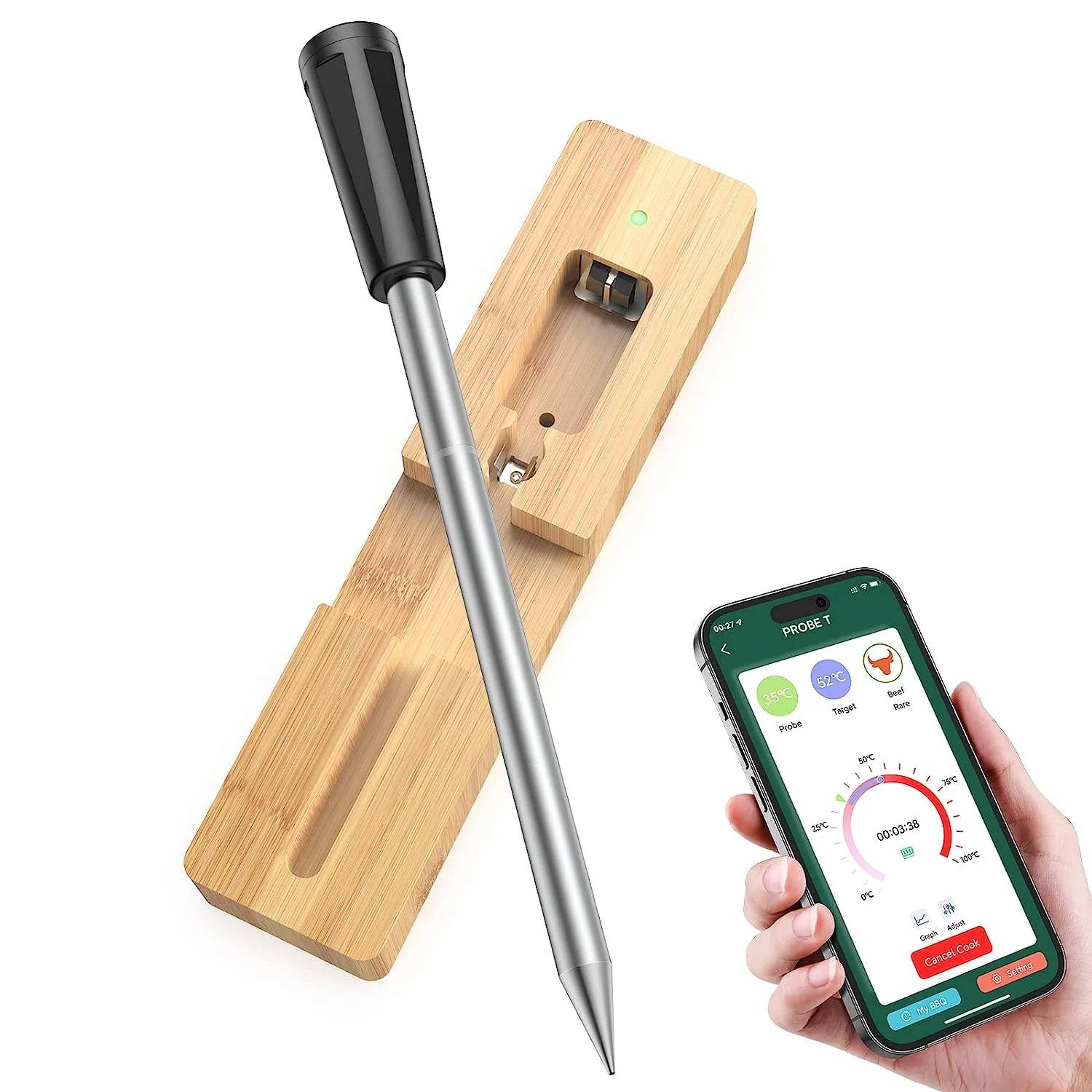 ✅ When you’re going to lose patience for cooking, from which you have paid a lot but never gained a bit, please stop self-doubting and step into a new world instead, together with our Bluetooth meat thermometer. It will be a massive success for beginners and take skilled cooks to a higher level with the time and temperature precisely controlled while cooking.

✅ Smart APP Control
Utilize Bluetooth 5.2 version to achieve a 50m(165ft) wireless range under the environment with no obstacles. Save you from the long cables and set you free from watching the meat closely. You don’t have to wait in the kitchen or bear the heat near the grill. Take a seat and check the phone while the wireless meat thermometer helps you keep an eye on it.

✅ Food-Grade Material
Safety should not be a concern while cooking and enjoying food. Food-grade PEEK is heat resistant, and the food-grade 304 stainless steel probe measures the internal temperature of the food from 0℃(32°F) to 100℃(212°F). Leave the BBQ thermometer probe inserted into the food to monitor and track the real-time temperature changes on your phone. 

✅ Intelligent Cooking System
Be more confident in cooking with this convenient app-based thermometer for cooking. Cooking food to a safe and proper temperature ensures food safety and gets the best flavor while avoiding undercooking or overcooking. Timers and alerts inform you to go on to the next step, allowing you to handle multitasking situations with ease and confidence.

✅ Convenient Charging Dock
Charging is faster than ever to finish in 5-10 minutes, while discharging time is longer than imagination to run out the battery in 4 hours. We’ve crafted a delicate wood-made charging base for the meat thermometer to get charged with the type-C cable connected. Also, it’s a comfy home for the thermometer when it’s not in use, so you can always find it at home.