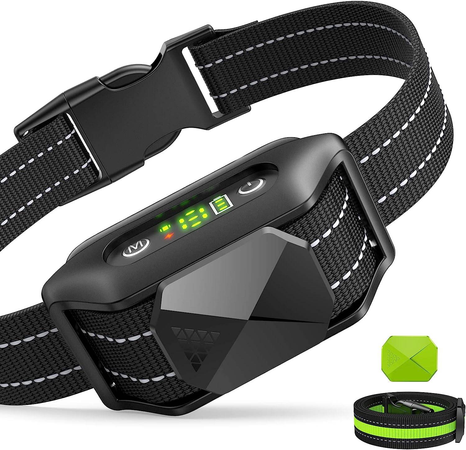 Two training modes, 5 levels of adjustable sensitivity, different dogs have different levels of barking, so we set different sensitivity levels. The higher the sensitivity level set by the dog bark collar, the more sensitive the dog bark will be, and the better the effect will be. The barking collar allows the collar to be used in any weather conditions. Because rain protection works effectively even in wet weather, you can now walk your dog anytime, anywhere, but not for swimming. You can keep an eye on your pets even in low visibility conditions, and also protect your pets from cars, etc.<br /><br />

Features:<br />
. 5 levels sensitivity adjustment, sound + vibration stop and anti-barking function.<br /><br />
. The anti barking training shock Collar works in automatic mode, in which sounds and vibrations are combined to effectively and safely stop the barking. Useful when you are not at home and your dog stays alone.<br /><br />
. Our rechargeable barking collar control device contains an integrated rechargeable battery, and can be fully charged in 2 hours for up to 15 days of work time. There are 3 green horizontal bars which shows the battery volume, easy to remind you to charge.<br /><br />
. The bark collar is adjustable for dogs weighing 6 to 150 lbs with a neck size of 23.6 inches Max. Adjust the strap according to the size of your dog.<br /><br />

Package list:<br />
1 x QSCQ Bark Collar<br />
1 x Extra Replacement Collar<br />
1 x USB Charging Cable<br />
1 x Test Light<br />
1 x User Manual<br />
4 x Contact Points<br />
4 x Conductive Silicone<br /><br />

Warm Tips:<br />
. Must use Conductive Silicone to protect your dog's skin.<br />
. Long Contact Points design is better for hairy dogs.<br />