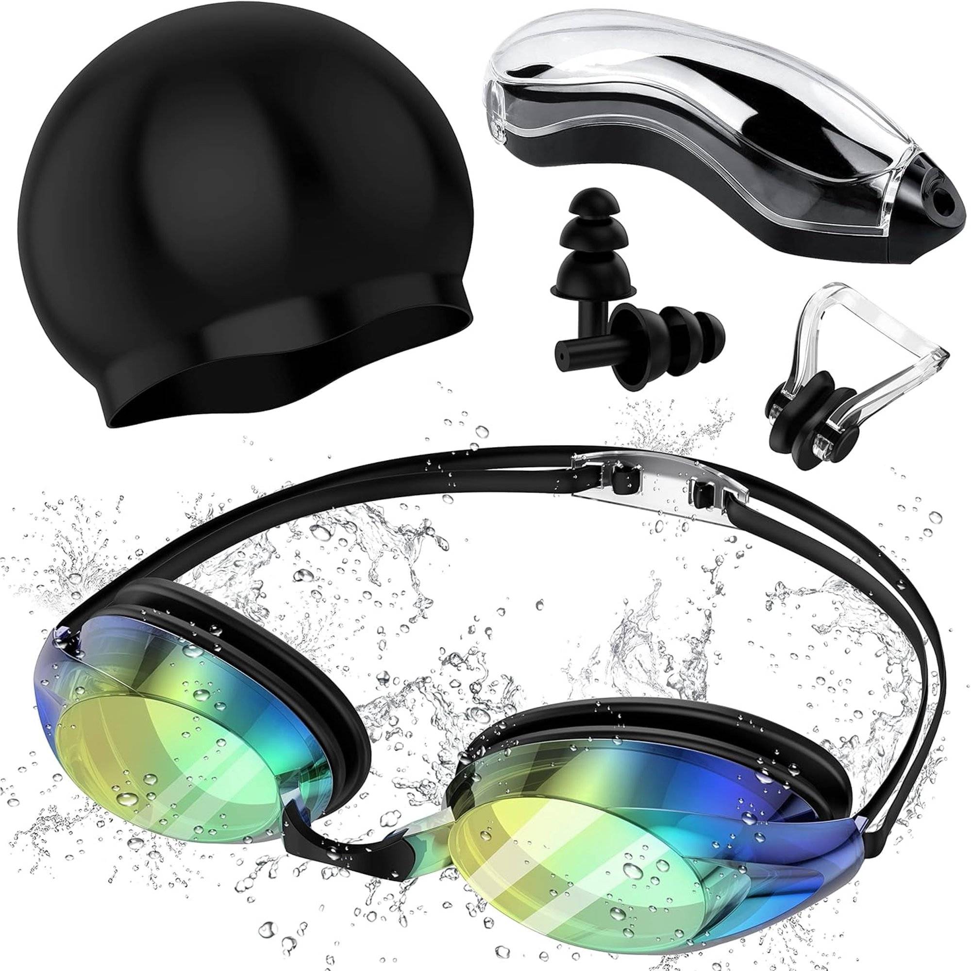 Swim Goggles for Kids, Adults, Youth, No Leak Waterproof Goggles with Nose Cover, Tinted, Anti-fog Lenses with UV Protection.

Key Features:
. Youth goggles provides a sleek, snug, low profile inner eye fit.
. Anti-Fog coating helps prevents the condensation of water.
. Flexible silicone frame and gasket can ensure no leak water.
. UV protected lenses block the sun's harmful UVA and UVB rays.
. Mirrored lens helps reduce glare.
. Updated styling with ultra low profile design and 25% more peripheral vision.

Specifications:
Brand: Juyafio
Color: Black
Frame Material: Silicone+ABS
Lens Material: PC
Size: Large
Weight: 7.05 Ounces

Packing list:
1x Swim goggles
1x Nose Clips
1x Portable case
1x Elastic Swimming Caps

Notes:
. This goggles can not be used by people who have over 100 degrees myopia eyes.
. Please take off the protective film on the surface of the goggles before use.