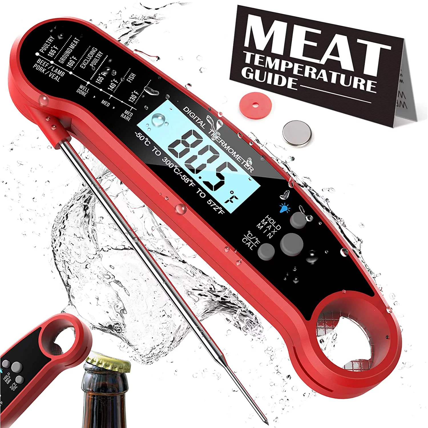 wireless thermometer for grill - meat thermometer digital, instant read thermometer for cooking, BBQ, Kitchen - Fast Digital Food Thermometer

Kitchen Thermapen Thermometer - Try our digital cooking thermometer kitchen tool with many uses including a frying thermometer baking thermometer grill thermometer digital probe liquid thermometer and more.

Digital Instant Read Grill Thermometer- Accurate Reading & Ultra Fast, Equipped with a food grade stainless long probe, thermometer takes the temperature in a little as 2 seconds and is accurate to ±1°C(1.8℉) degrees with a wide range of -58℉~572℉（-50°C~300°C), Our meat thermometer for grilling and deep fry thermometer can help perfect your cooking.

Probe thermometer - A food thermometer instant read meat temperature probe can make a big difference so add our meat probe to your grill tools and see the power of a digital thermometer cooking aid.

BBQ Wireless Meat Thermometer - Our instant read thermometer digital BBQ accessories are great for indoor/outdoor cooking whether you need a general grilling thermometer or just a steak thermometer.

Packing listing:
1 x Meat Thermometer.
1 x User Manual.
1 x Food Temp Chart.
1 x CR2032 Button Battery (installed).
1 x Battery Case Opener.