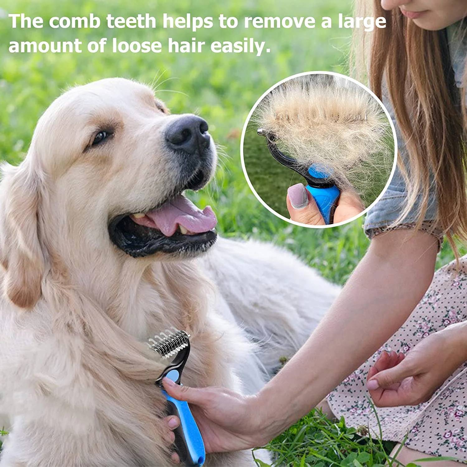 ✅✅ Juyafio Pet Dematting Comb Grooming Undercoat Rake 17+9 Teeth - Double Sided Designed, weight 0.47 lb .

✅✅ You will be amazed at how much hair will come off after a single use imagine how your dog will love the new healthy and shiny coat after having a grooming session with our grooming tool. Our undercoat rake dramatically reduces shedding by up to 90% after just 1 short session. Perfect for matted, heavy shedding undercoats and extra fur. This is the perfect pet brush for daily deshedding.

✅✅ Benefits from our grooming brush: Multi-purpose grooming tool - dual head design -the 9 teeth dematting side is perfect for removing mats, tangles, and knots, and the 17 teeth deshedding side is best suited for thinning and de-shedding loose hair. Stop pulling the hair out - slightly sharpened blades smoothly cut through the toughest mats. Reduce shedding regular brushing removes excess dead hair from your pet's undercoat, leaving you a clean and hair-free home. Safe for your furry friends - rounded ends teeth do not scratch or irritate the skin. Our dematting comb will leave your pet’s fur sleek, shiny and healthy, perfect for dogs, cats, horses, and rabbits with short, medium, and long coats.

✅✅ Tips for Achieving the Best Grooming Results:
. Use the 9-teeth side to go over the coat a few times, until you’re pulling out less and less hair from the brush;
. Comb with the 17-teeth side to thin and de-shed undercoat and remove more loose hair;
. Pick out the small tangles or mats with our dog metal comb that the teeth can’t get through.