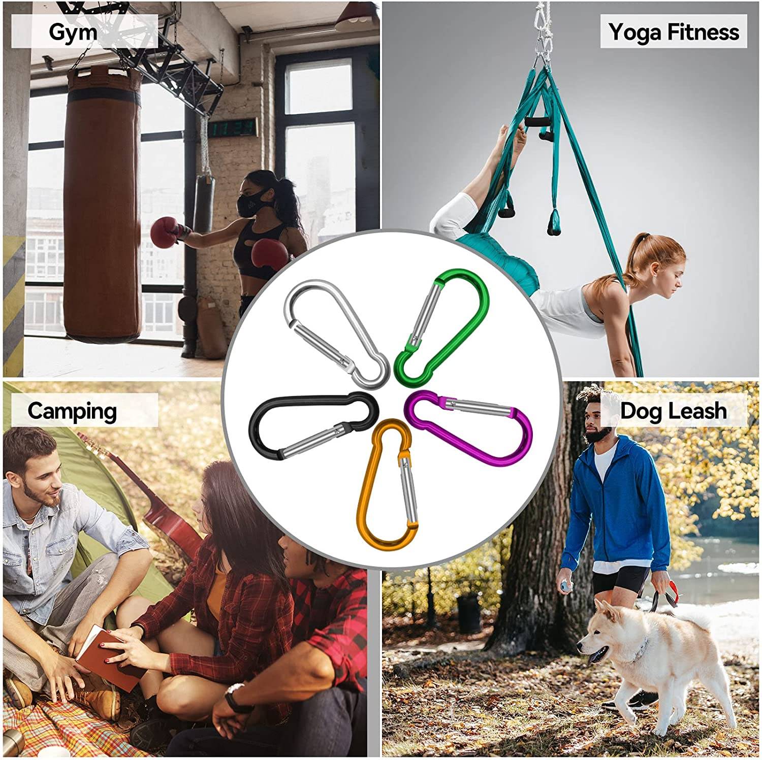Cincofelia 5 Pack Carabiners 3 inch, Aluminum Alloy Heavy Duty Carabiner Clips Spring Snap Hook Set for Hammock, Camping, Hiking, Dog Leash Harness.<br/><br/>

Whether you are hiking, backpacking, or heading to a camp, the carabiner is a great help when you need a quick and secure attachment. These 5 aluminum, spring-loaded carabiners can support up to 60 lbs each and clip to backpacks, belt loops, and other gear for maximum, hand-free carrying. This clip is in D-shape with 6 cm size, making it strong and durable for multiple uses. They are not rated for climbing, overheated lifting, or any safety applications. Add the D-shaped carabiners to your emergency or survival kit, and keep you prepared whenever in need.<br/><br/>