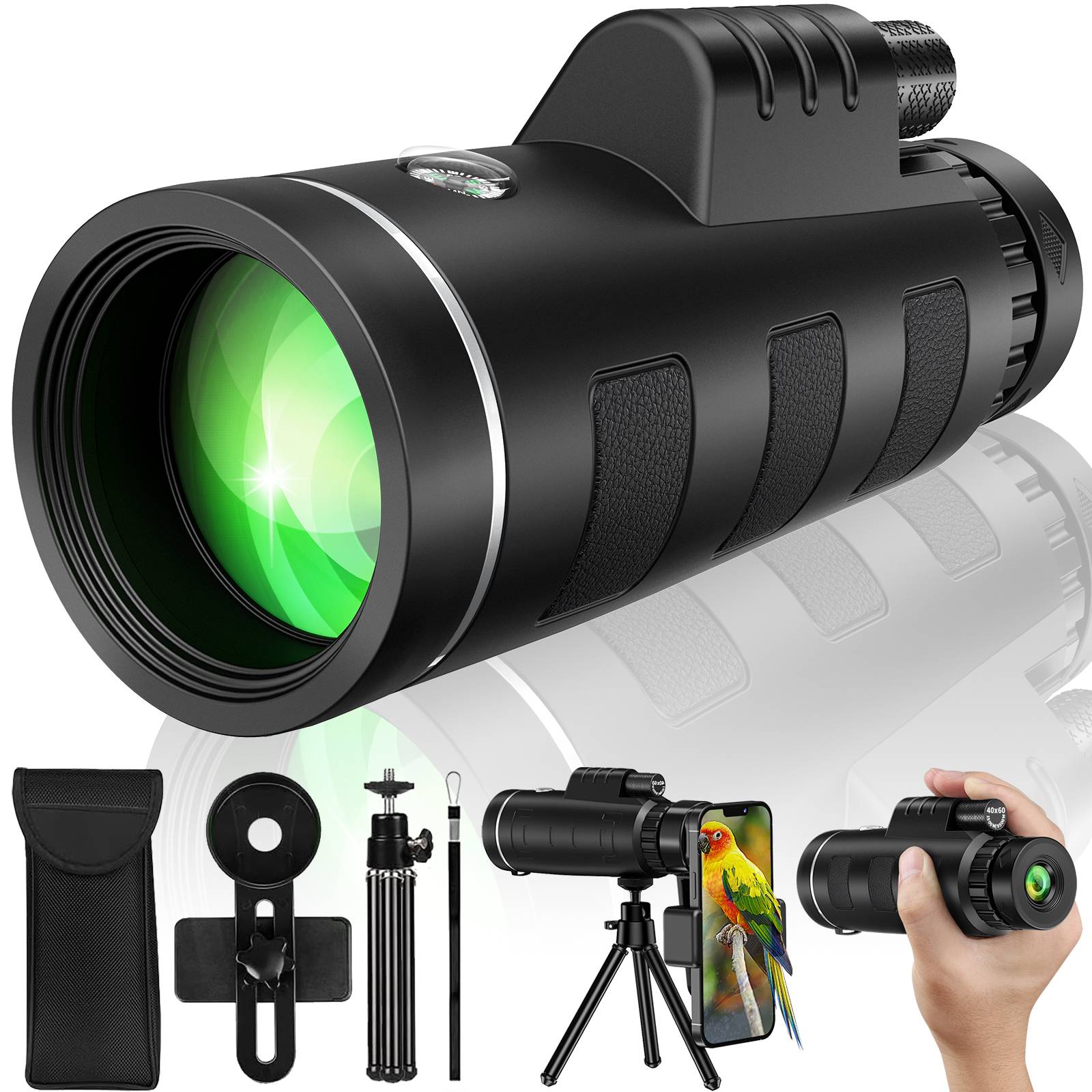 🔭【𝟒𝟎𝐗𝟔𝟎 𝐇𝐢𝐠𝐡 𝐏𝐨𝐰𝐞𝐫 𝐌𝐚𝐠𝐧𝐢𝐟𝐢𝐜𝐚𝐭𝐢𝐨𝐧】 The 40x magnification and 60mm objective lens of this monocular telescope provide a brighter and clearer image with a wide field of view. Perfect for hiking, climbing, bird watching, ball games, concerts, traveling, and wildlife observation, this telescope for adults lets you capture stunning scenery with ease.
🎒【𝐂𝐨𝐧𝐯𝐞𝐧𝐢𝐞𝐧𝐭 & 𝐂𝐨𝐦𝐩𝐚𝐜𝐭 𝐃𝐞𝐬𝐢𝐠𝐧 𝐟𝐨𝐫 𝐀𝐝𝐮𝐥𝐭𝐬】 This night vision monocular is designed for one-handed operation, allowing you to quickly and easily adjust the focus wheel and eyecup for clear views. Its compact and lightweight design makes it the ideal choice for monoculars for adults who enjoy hiking, camping, and exploring nature.
🌟【𝐒𝐮𝐩𝐞𝐫𝐢𝐨𝐫 𝐒𝐌𝐂 𝐂𝐨𝐚𝐭𝐢𝐧𝐠 & 𝐁𝐀𝐊𝟒 𝐏𝐫𝐢𝐬𝐦】 The advanced SMC coating and BAK4 prism ensure 99.8% light transmission for bright, high-resolution images. With low-light vision, this telescope for adults excels in various lighting conditions.
🌧【𝐃𝐮𝐫𝐚𝐛𝐥𝐞 𝐖𝐚𝐭𝐞𝐫𝐩𝐫𝐨𝐨𝐟 & 𝐅𝐨𝐠𝐩𝐫𝐨𝐨𝐟 𝐃𝐞𝐬𝐢𝐠𝐧】Built with a sturdy, nitrogen-filled waterproof body, this monocular telescope is designed to withstand heavy weather conditions. Whether it’s raining or humid, this monoculars for adults high powered device ensures clear and uninterrupted viewing, making it your reliable outdoor companion.
✅【𝐖𝐎𝐑𝐑𝐘-𝐅𝐑𝐄𝐄 𝐖𝐀𝐑𝐑𝐀𝐍𝐓𝐘】You would get 1*HD Monocular Telescope, 1*Phone Holder, 1*Adjustable Metal Tripod, 1*Lens Covers, 1*Hand Strap, 1*Cloth Bag, 1*Cleaning Cloth and 1*User Manual. YEGASS provides 12 months warranty. If you are not 100% satisfied with our product, please contact us, we will solve any of your problems.