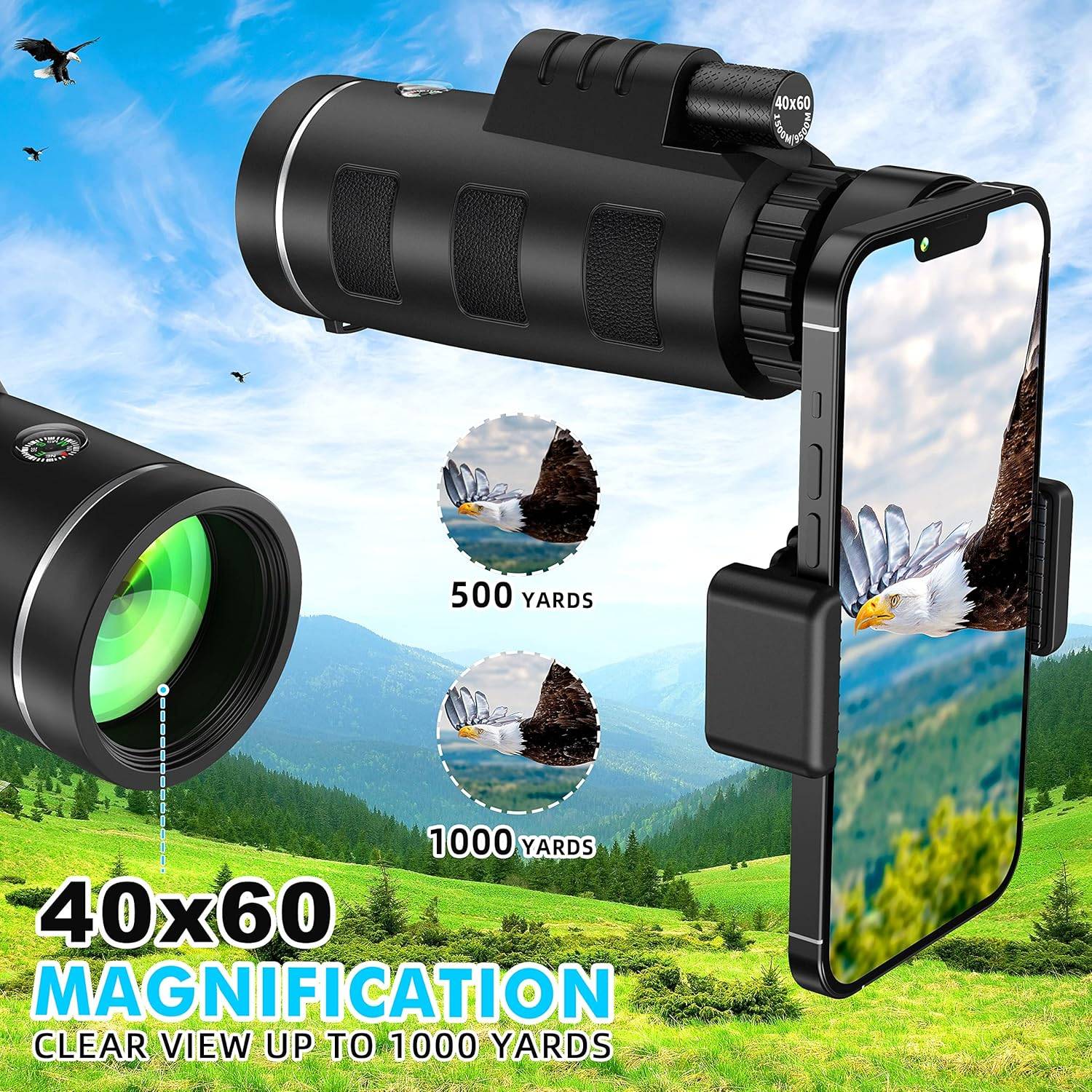 🔭【𝟒𝟎𝐗𝟔𝟎 𝐇𝐢𝐠𝐡 𝐏𝐨𝐰𝐞𝐫 𝐌𝐚𝐠𝐧𝐢𝐟𝐢𝐜𝐚𝐭𝐢𝐨𝐧】 The 40x magnification and 60mm objective lens of this monocular telescope provide a brighter and clearer image with a wide field of view. Perfect for hiking, climbing, bird watching, ball games, concerts, traveling, and wildlife observation, this telescope for adults lets you capture stunning scenery with ease.
🎒【𝐂𝐨𝐧𝐯𝐞𝐧𝐢𝐞𝐧𝐭 & 𝐂𝐨𝐦𝐩𝐚𝐜𝐭 𝐃𝐞𝐬𝐢𝐠𝐧 𝐟𝐨𝐫 𝐀𝐝𝐮𝐥𝐭𝐬】 This night vision monocular is designed for one-handed operation, allowing you to quickly and easily adjust the focus wheel and eyecup for clear views. Its compact and lightweight design makes it the ideal choice for monoculars for adults who enjoy hiking, camping, and exploring nature.
🌟【𝐒𝐮𝐩𝐞𝐫𝐢𝐨𝐫 𝐒𝐌𝐂 𝐂𝐨𝐚𝐭𝐢𝐧𝐠 & 𝐁𝐀𝐊𝟒 𝐏𝐫𝐢𝐬𝐦】 The advanced SMC coating and BAK4 prism ensure 99.8% light transmission for bright, high-resolution images. With low-light vision, this telescope for adults excels in various lighting conditions.
🌧【𝐃𝐮𝐫𝐚𝐛𝐥𝐞 𝐖𝐚𝐭𝐞𝐫𝐩𝐫𝐨𝐨𝐟 & 𝐅𝐨𝐠𝐩𝐫𝐨𝐨𝐟 𝐃𝐞𝐬𝐢𝐠𝐧】Built with a sturdy, nitrogen-filled waterproof body, this monocular telescope is designed to withstand heavy weather conditions. Whether it’s raining or humid, this monoculars for adults high powered device ensures clear and uninterrupted viewing, making it your reliable outdoor companion.
✅【𝐖𝐎𝐑𝐑𝐘-𝐅𝐑𝐄𝐄 𝐖𝐀𝐑𝐑𝐀𝐍𝐓𝐘】You would get 1*HD Monocular Telescope, 1*Phone Holder, 1*Adjustable Metal Tripod, 1*Lens Covers, 1*Hand Strap, 1*Cloth Bag, 1*Cleaning Cloth and 1*User Manual. YEGASS provides 12 months warranty. If you are not 100% satisfied with our product, please contact us, we will solve any of your problems.
