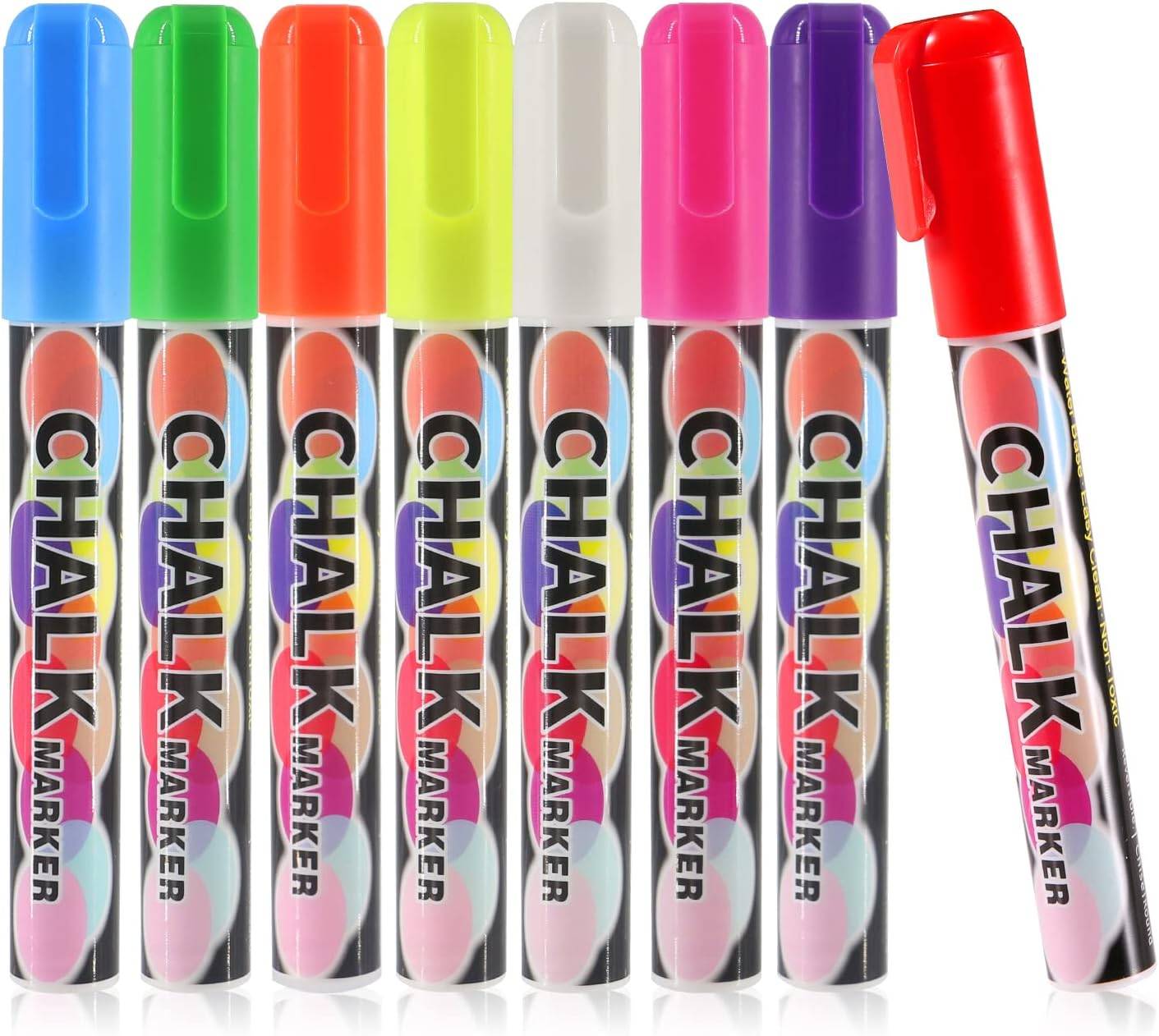 Erasable Chalk Markers - Liquid Chalk Ink Pens, Water-Based, Non-Toxic - Reversible Tip (8 Pack), for Kids Art, Menu Board, Glass, and Window Paint Marker Pens

1. Non-Toxic

The Chalk Markers are made with non-toxic materials making them safe to use by kids!

2. Water Based

These Mearens Chalk Markers are water-based and have a reversible tip. So they are washable, reusable and safe to use while keeping their incredible vibrant colors.

3. Easy to Clean

Just use a damp cloth to wipe away the liquid chalk marker ink for a smear-free sparkle, use at home.