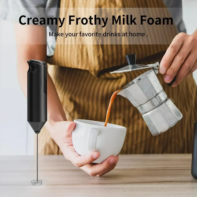 delpattern Milk Frother for Coffee, Battery Operated Drink Mixer for Matcha and More, Handheld Electric Mini Whisk Small Hand Mixers, Frappe Maker, Black.

This electric handheld battery-operated milk frother with high-speed rotation of the stainless-steel whisk and ABS shaft, can instantly froth hot or cold milk for your favorite drinks. Where ever you need frothed milk or cream, this drink mixer will do the job for you quickly and easily within 15-20 seconds.The portable coffee mixer can be used for purposes other than just frothing milk. It is a great tool to have in the kitchen as it can be used for mixing milkshakes, cocktails, fruit drinks, eggs, soups, dressing, etc. It can be used for all liquid foods.

Specifications
Material: Stainless Steel, ABS
Color: Silver, Black
Length: 22 cm/8.66 inches
Type: Mini Hand Mix
Rotate Speed：10000-14000RPM/ Minute
Weight: 58.97g/0.13lb
Operate Required : One-touch
Battery: 2* AA batteries (not included)

Package Include
1 x Electric Milk Frother (without batteries)