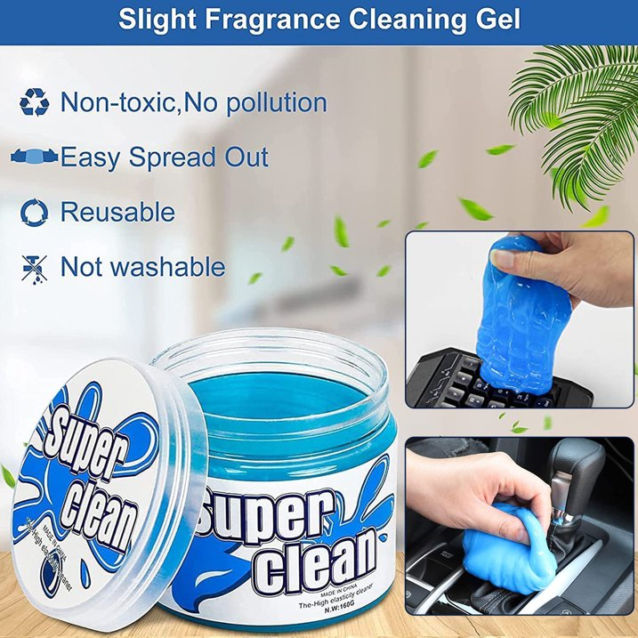 Specification
Size: 3.3*3.3*2.4in
Weight: 0.46lb
Color: Blue
Material: Water-based resin

Features
【Perfect for Car Cleaning】Dust cleaning gel for car is perfect for cleaning the nooks and crannies in your car or truck. Cleaning car gel cleaner is super great to get into the vents and little crevices on the car air vents, steering wheels, console panel, storage bins, cup holder, door handles, dashboards to pick up the dirt.
【Reusable】This car cleaning gel can be used multiple times until the gel darkens. After use, store in a sealed box in a cool, dry place. ( Note: Do not wash all-purpose cleaning gel with water. )
【Easy to Use】Car interior cleaning kit is ideal for cleaning gaps and cavities. Just take a small piece of cleaning gel, pour it on the keyboard, computer and other places, gently roll or press for about 3-5 seconds, and then slowly pull up, You will find that the dusty place become very clean.
【Safe and Eco-friendly】Car cleaning gel is made of biodegradable gel material. Cleaning glue for car is safe to your skin and friendly to the environment. Cleaning goo removes all dust and debris and leaves no residue.
【Multiple Uses】Car putty is also useful for home and office, PC keyboard and other rugged surface cleaning such as printer, cell phone, calculator, TV remote and furniture. The suitable surface must be water resistant, or the cleaning putty would stick to it.

