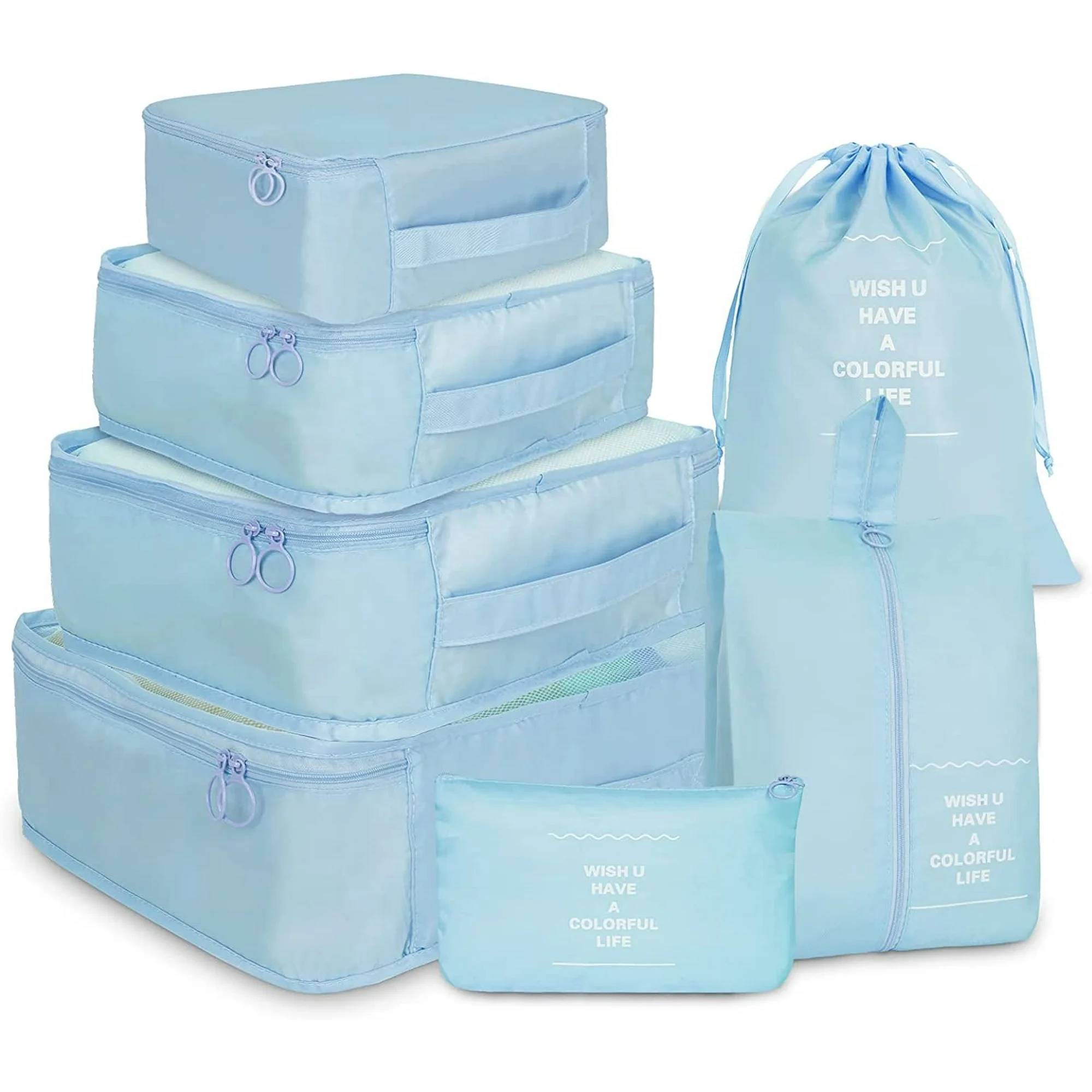 Packing Cubes for Travel, 7Pcs Travel Cubes Set Foldable Suitcase Organizer Lightweight Luggage Storage Bag.

Features:
7 Pcs Super Value Travel Packing Set: The sets include 3 travel packing cubes with a see-through mesh top for clothes, 1 private cube for bras and underwear, 1 travel shoe bag, 1 toiletry bag, 1 laundry bag for dirty clothes and 1 flat bag for small items, like socks, electronic accessories or keys.

Specification:
Material: Nylon, Linen
Colour: Blue
Closure Type: Buckle

Package Includes:
1 x Large net bag: 15.3 * 11.4 * 3.9 inch
1 x Medium net bag: 12.2 * 9.8 * 3.9 inch
1 x Small mesh bag: 11.8 * 8.26 * 3.9 inch
1 x Shoe bag: 13.7 * 10.6 * 3.9 inch
1 x Underwear Storage bag: 12.2 * 7.87 * 3.9 inch
1 x waterproof makeup bag: 13.7 * 10.6 inch
1 x Digital bag: 9.7 * 16.2 inch