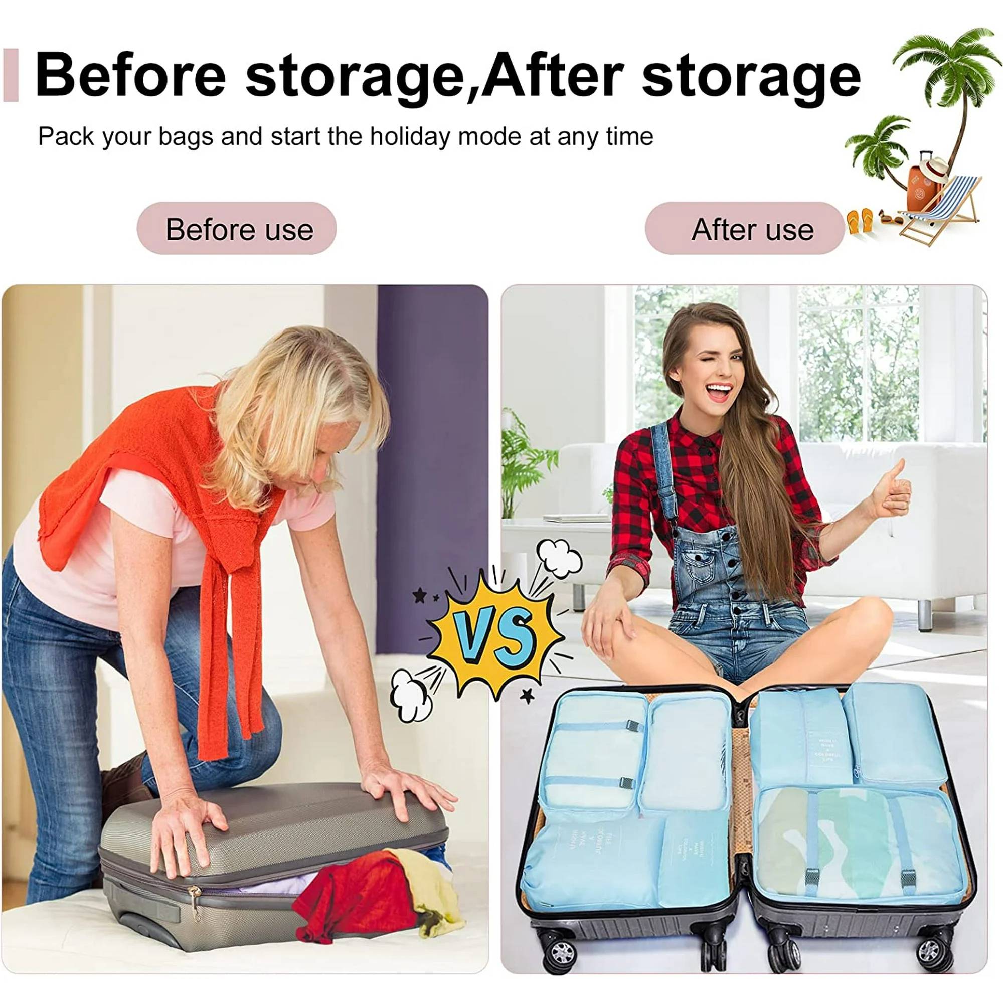 Packing Cubes for Travel, 7Pcs Travel Cubes Set Foldable Suitcase Organizer Lightweight Luggage Storage Bag.

Features:
7 Pcs Super Value Travel Packing Set: The sets include 3 travel packing cubes with a see-through mesh top for clothes, 1 private cube for bras and underwear, 1 travel shoe bag, 1 toiletry bag, 1 laundry bag for dirty clothes and 1 flat bag for small items, like socks, electronic accessories or keys.

Specification:
Material: Nylon, Linen
Colour: Blue
Closure Type: Buckle

Package Includes:
1 x Large net bag: 15.3 * 11.4 * 3.9 inch
1 x Medium net bag: 12.2 * 9.8 * 3.9 inch
1 x Small mesh bag: 11.8 * 8.26 * 3.9 inch
1 x Shoe bag: 13.7 * 10.6 * 3.9 inch
1 x Underwear Storage bag: 12.2 * 7.87 * 3.9 inch
1 x waterproof makeup bag: 13.7 * 10.6 inch
1 x Digital bag: 9.7 * 16.2 inch