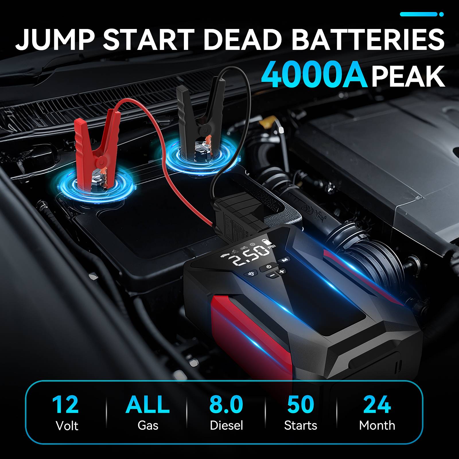 MUZPU Powerful Jumpstarter: Delivers 4000A peak current to start 10L gas or 8.5L diesel engines, even in extreme -40F temperatures, with smart clamps for safe, spark-free operation.
Smart Tire Inflator: Features a 150PSI auto-stop air compressor for precise inflation of car tires, bikes, balls, and air mattresses, including three nozzle attachments.
Versatile Power Bank: Equipped with a 29800mAh battery capacity and Type-C/USB ports for 18W fast-charging of phones and tablets.
Emergency Illumination: Includes a 3-mode LED light with flashlight, SOS strobe, and red strobe functions, illuminating up to 50 sq.ft. for roadside emergencies.
Robust Durability: Built with military-grade safety features, including 8-layer protection and an aircraft aluminum shell, designed to withstand drops, rain, and engine heat.
Comprehensive Kit: Comes with heavy-duty clamps, an air hose, nozzle set, Type-C cable, and a weatherproof bag for convenient storage and transport.