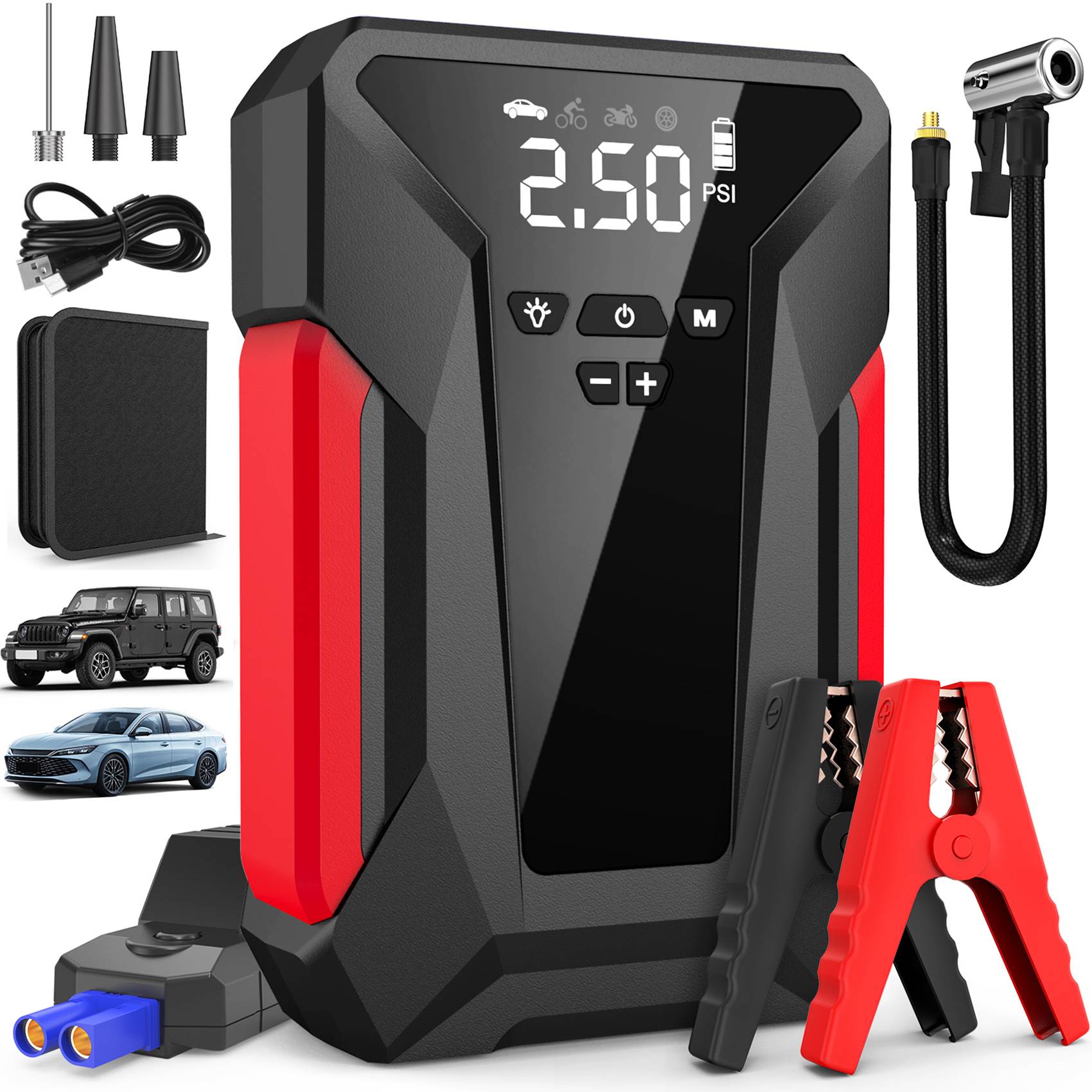 MUZPU Powerful Jumpstarter: Delivers 4000A peak current to start 10L gas or 8.5L diesel engines, even in extreme -40F temperatures, with smart clamps for safe, spark-free operation.
Smart Tire Inflator: Features a 150PSI auto-stop air compressor for precise inflation of car tires, bikes, balls, and air mattresses, including three nozzle attachments.
Versatile Power Bank: Equipped with a 29800mAh battery capacity and Type-C/USB ports for 18W fast-charging of phones and tablets.
Emergency Illumination: Includes a 3-mode LED light with flashlight, SOS strobe, and red strobe functions, illuminating up to 50 sq.ft. for roadside emergencies.
Robust Durability: Built with military-grade safety features, including 8-layer protection and an aircraft aluminum shell, designed to withstand drops, rain, and engine heat.
Comprehensive Kit: Comes with heavy-duty clamps, an air hose, nozzle set, Type-C cable, and a weatherproof bag for convenient storage and transport.
