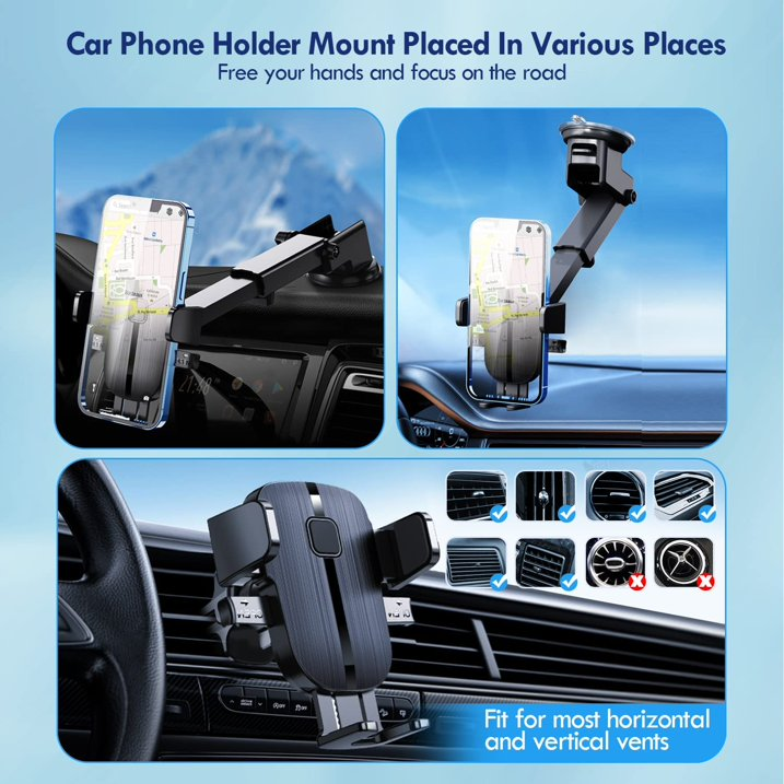 ⭕ Juyafio Versatile Car Phone Mount Universal Fit,Easy Install,Durable Ideal for iPhone 13,12,11, Samsung Galaxy S20+ More Perfect for Road Trips & Commutes Great for Busy Individuals & Tech Enthusiasts, Black

⭕ Hold the phone! Keep your favorite sidekick within eyesight at all times with our item. Car Window or Dash Phone Mount. The mount is simple to use, simply attach to your window or dash for the best view. The suction cup mount is sturdy and trustworthy to make sure you can stay safe out on the road! You will never have to worry about your phone flying around while you're driving ever again. Simple, safe, and smart… but keep your eyes on the road! Car Window or Dash Phone Mount.

Features：
🔥Three-in-one phone holder for car
🔥Strong Adhesive Suction
🔥Easy operation, strong compatibility
🔥360°view angle available
🔥Perfect protection, best design

Package Dimensions: 6.22 x 3.86 x 2.83 inches
Item Weight: 7.8 ounces
Packing listing: 1x Car Phone Holder
