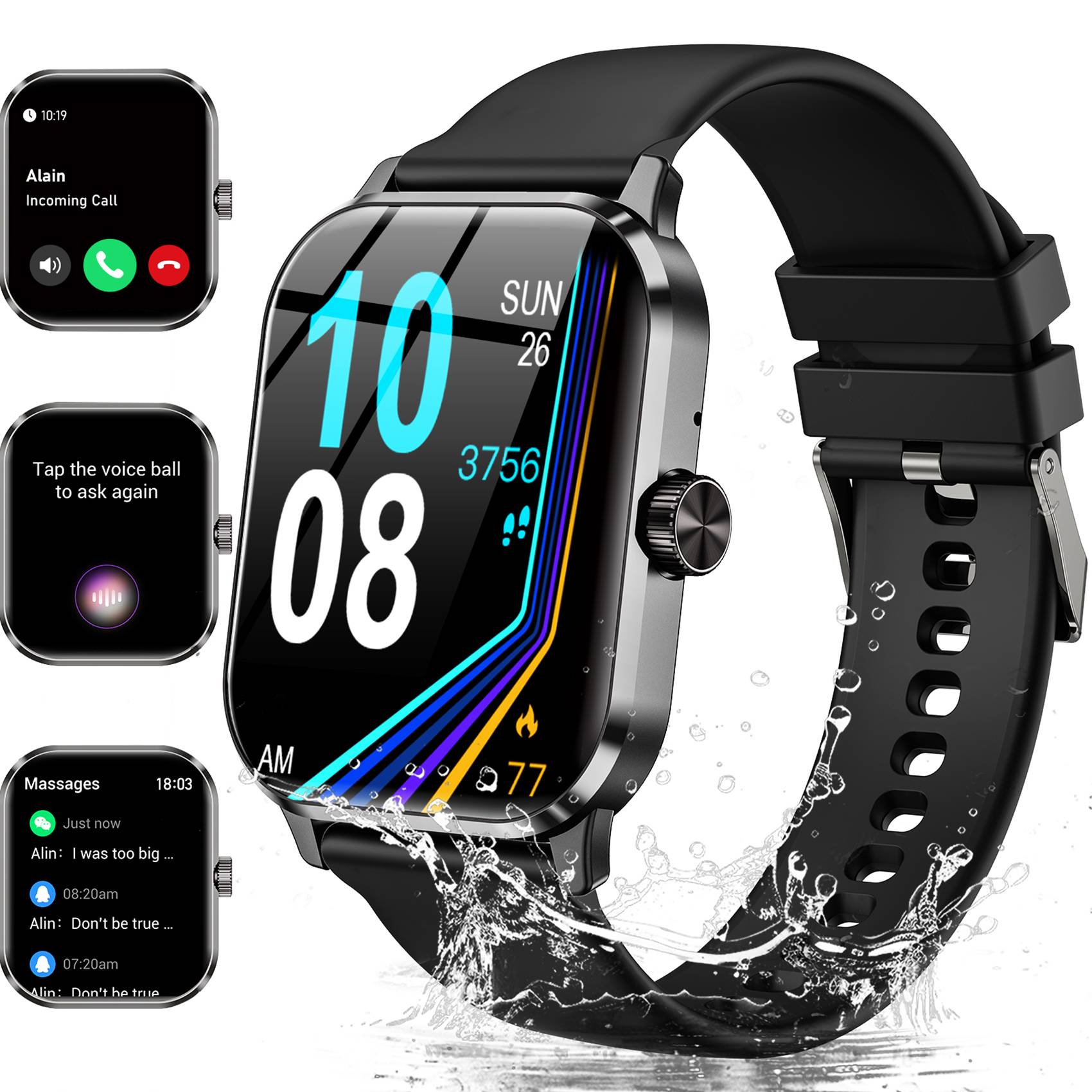 Seamless Connectivity: Features Bluetooth calling, allowing users to answer/make calls directly from the watch, and receive notifications for texts, emails, and social apps.
Extensive Tracking: Offers 120+ sports modes, built-in GPS for activity tracking (routes, speed, calories), and syncs data with Apple Health/Google Fit.
Robust Durability: Boasts an IP68 waterproof rating, suitable for swimming and showering, and military-grade durability against drops and dust.
Smart Controls: Includes a voice assistant for hands-free commands, music control, and customizable watch faces from a library of over 500 options.
Long-lasting Power: Provides up to 7 days of operating time and 15 days of standby, with a 30-minute quick charge for 24 hours of use.
Universal Compatibility: Seamlessly syncs with both Android and iPhone devices via the "FitUltra" app for call/SMS alerts and app notifications.
Sleek Design: Features an ultra-thin 9mm design, a 1.96" HD touchscreen with 250x298 pixels resolution, and a comfortable silicone strap for wrist sizes 5.3-8.9 inches.
