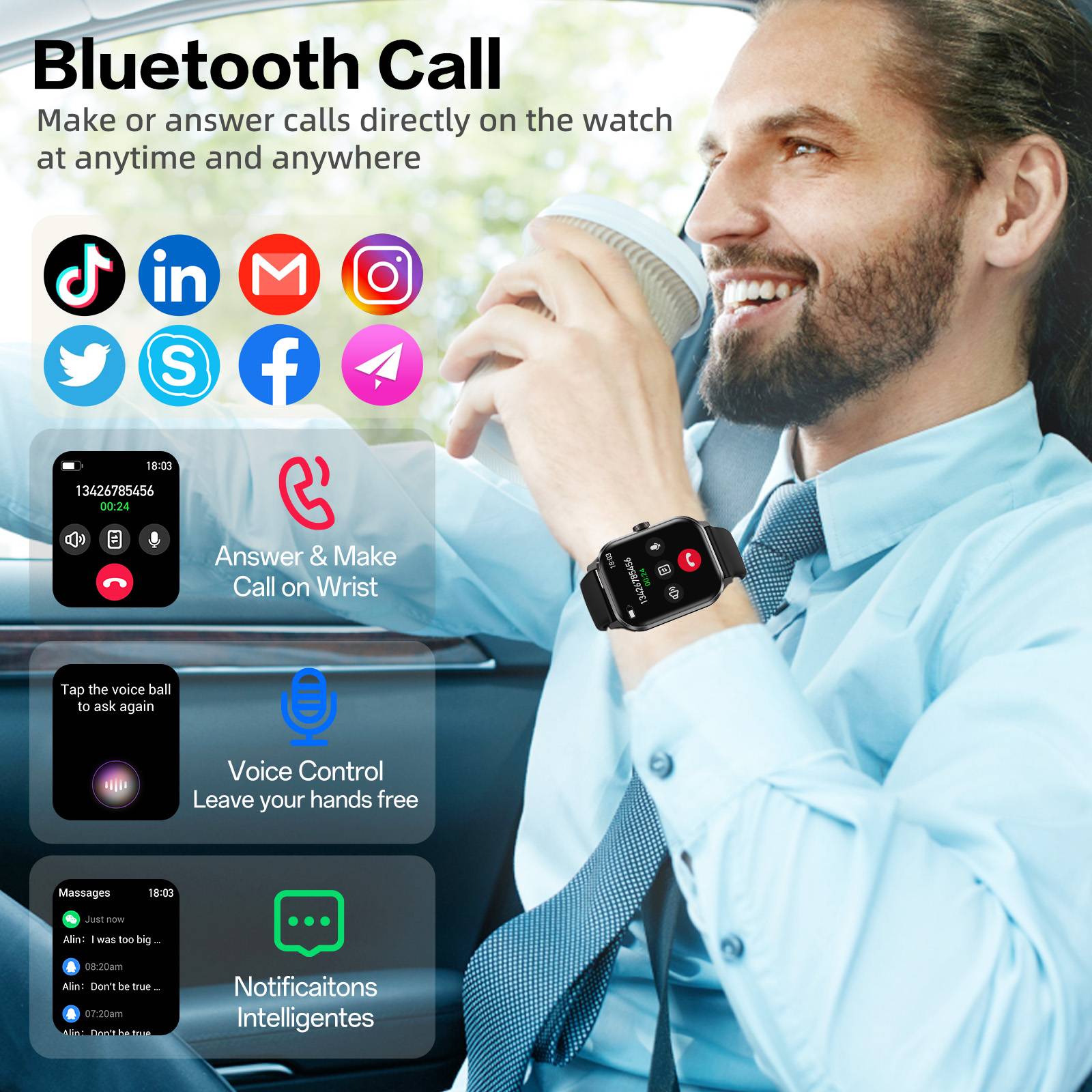 Seamless Connectivity: Features Bluetooth calling, allowing users to answer/make calls directly from the watch, and receive notifications for texts, emails, and social apps.
Extensive Tracking: Offers 120+ sports modes, built-in GPS for activity tracking (routes, speed, calories), and syncs data with Apple Health/Google Fit.
Robust Durability: Boasts an IP68 waterproof rating, suitable for swimming and showering, and military-grade durability against drops and dust.
Smart Controls: Includes a voice assistant for hands-free commands, music control, and customizable watch faces from a library of over 500 options.
Long-lasting Power: Provides up to 7 days of operating time and 15 days of standby, with a 30-minute quick charge for 24 hours of use.
Universal Compatibility: Seamlessly syncs with both Android and iPhone devices via the "FitUltra" app for call/SMS alerts and app notifications.
Sleek Design: Features an ultra-thin 9mm design, a 1.96" HD touchscreen with 250x298 pixels resolution, and a comfortable silicone strap for wrist sizes 5.3-8.9 inches.