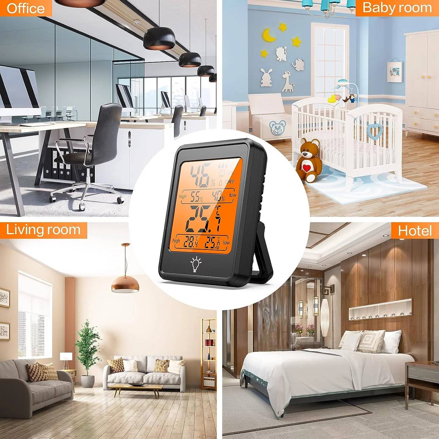 ✅ delpattern Indoor Digital Thermometer, Touch LCD Portable Hygrometer with Temperature, humidity meter and temperature gauge.

✅ Maintaining proper indoor humidity has important skin, allergy, and other health benefits by inhibiting the growth of mold, bacteria, viruses, fungi, mites, and various asthma triggers. The Digital thermometers for inside and outside allows you to check comfort conditions at a glance with this indoor humidity and thermometer combination. Requires two AA batteries to operate. This hygrometer indoor humidity can either be displayed on a tabletop. The display shows the highest and lowest temperature and humidity readings recorded in your indoor environment over the past 24 hours.

✅ The hygrometer thermometer and Humidity Monitor is simple to use and features a variety of mounting options. Stands upright for tabletop use and offers a magnetic backing for easy placement on metal surfaces such as your refrigerator.

