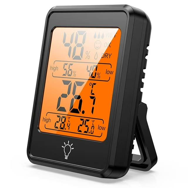 ✅ delpattern Indoor Digital Thermometer, Touch LCD Portable Hygrometer with Temperature, humidity meter and temperature gauge.

✅ Maintaining proper indoor humidity has important skin, allergy, and other health benefits by inhibiting the growth of mold, bacteria, viruses, fungi, mites, and various asthma triggers. The Digital thermometers for inside and outside allows you to check comfort conditions at a glance with this indoor humidity and thermometer combination. Requires two AA batteries to operate. This hygrometer indoor humidity can either be displayed on a tabletop. The display shows the highest and lowest temperature and humidity readings recorded in your indoor environment over the past 24 hours.

✅ The hygrometer thermometer and Humidity Monitor is simple to use and features a variety of mounting options. Stands upright for tabletop use and offers a magnetic backing for easy placement on metal surfaces such as your refrigerator.
