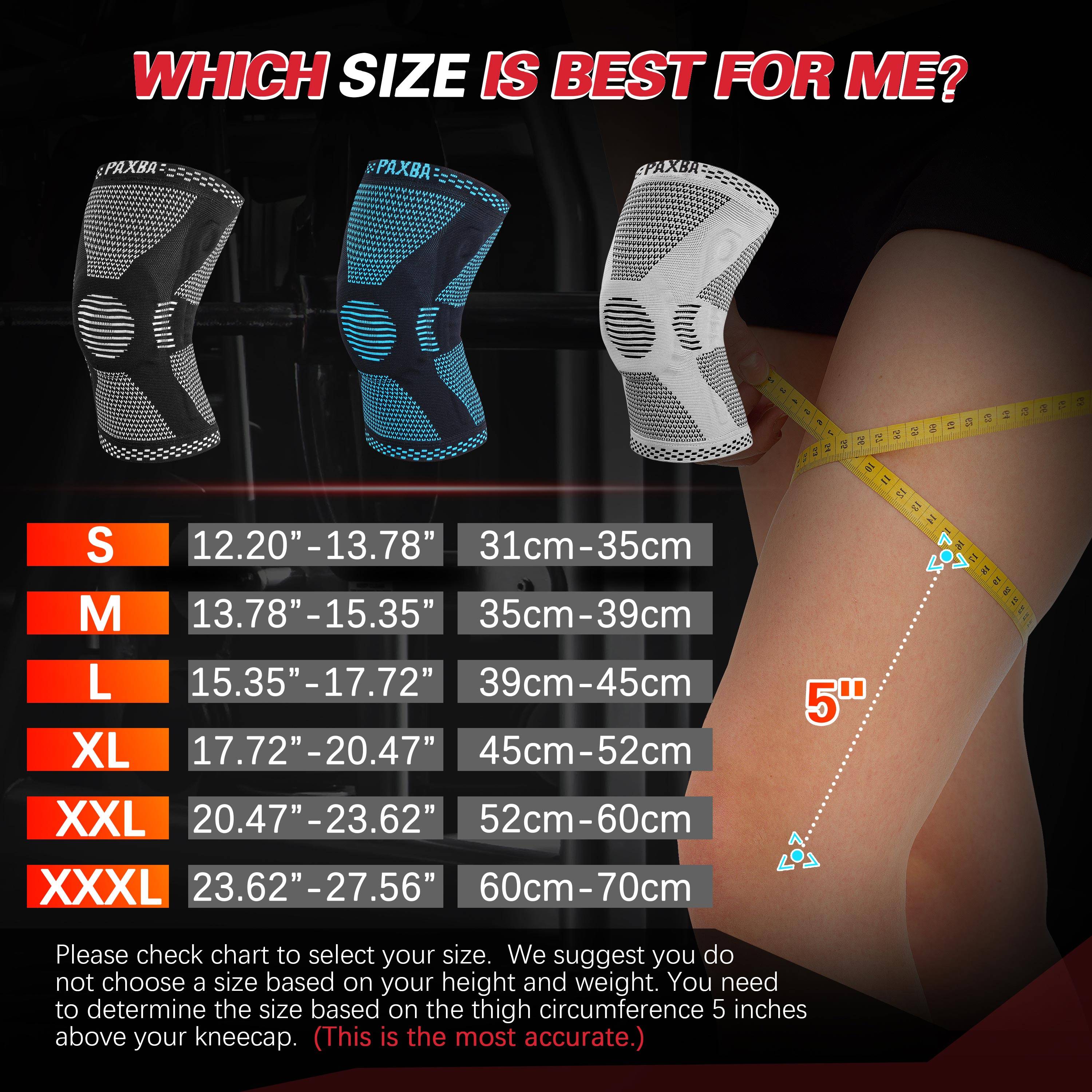 Feature:<br /><br />
✅Paxba Professional Knee Brace with three-dimensional structure of woven, High-precision 3D cutting technology of knitting. Ergonomic design allows this brace to support the knee joint without getting in your way. 360°perfectly fit your kneecap curve. With high-elastic tight and breathable compression fabric to reduce the pressure and pain of knee. It's quick at absorbing sweat and keeps your leg dry and odor free, giving you hours of continuous use!<br /><br />
✅Medical grade knee pads, An anatomically contoured patella gel pads surrounds the kneecap, double-sided metal spring stabilizers fit tightly with your knee joint, widely used in weightlifting, running, baseball, hiking, volleyball, tennis, badminton, workout, golf, bike, cycling, skiing, basketball, football, soccer, rock climbing, exercise etc. We stand behind our product.<br /><br />

Color: Black, Deep Blue, Grey (option)<br />
IMPORTANT SIZE:<br />
SIZE CHART (INCHES/CM): Please measure thigh's circumference 5 inches (12cm) above your kneecap.<br />
Small (S): 12.20"-13.78" (31cm-35cm)<br />
Medium (M):  13.78"-15.35" (35cm-39cm)<br />
Large (L): 15.35"-17.72" (39cm-45cm)<br />
X-Large (XL): 17.72"-20.47" (45cm-52cm)<br />
XX-Large (XXL): 20.47"-23.62" (52cm-60cm)<br />
XXX-Large (XXXL): 23.62"-27.56" (60cm-70cm)<br /><br />

Between sizes:<br />
✅If you prefer a tighter fit,order one size smaller.For more comfort during all day long use,order one size larger.<br />
✅Keep in mind that our sizes are based on average compression pressure, but each sleeve can expand up to 50% more than the original diameter listed.<br /><br />

Washing instructions and tips:<br />
✅Hand washing and natural air drying, do not use washing machines, it will destroy the structure and compression of knitted fabric.Washing it before first use.<br />
✅Since it is made of knitted fabric, be careful not to get hooked on the knee sleeve thread by other things, this will destroy it.<br />
✅Do not iron, do not dry, store and use this product below 100 degrees environment. Otherwise the product surface will scorch and lose its elasticity.<br /><br />

Package includes:<br />
2x Knee Brace <br />