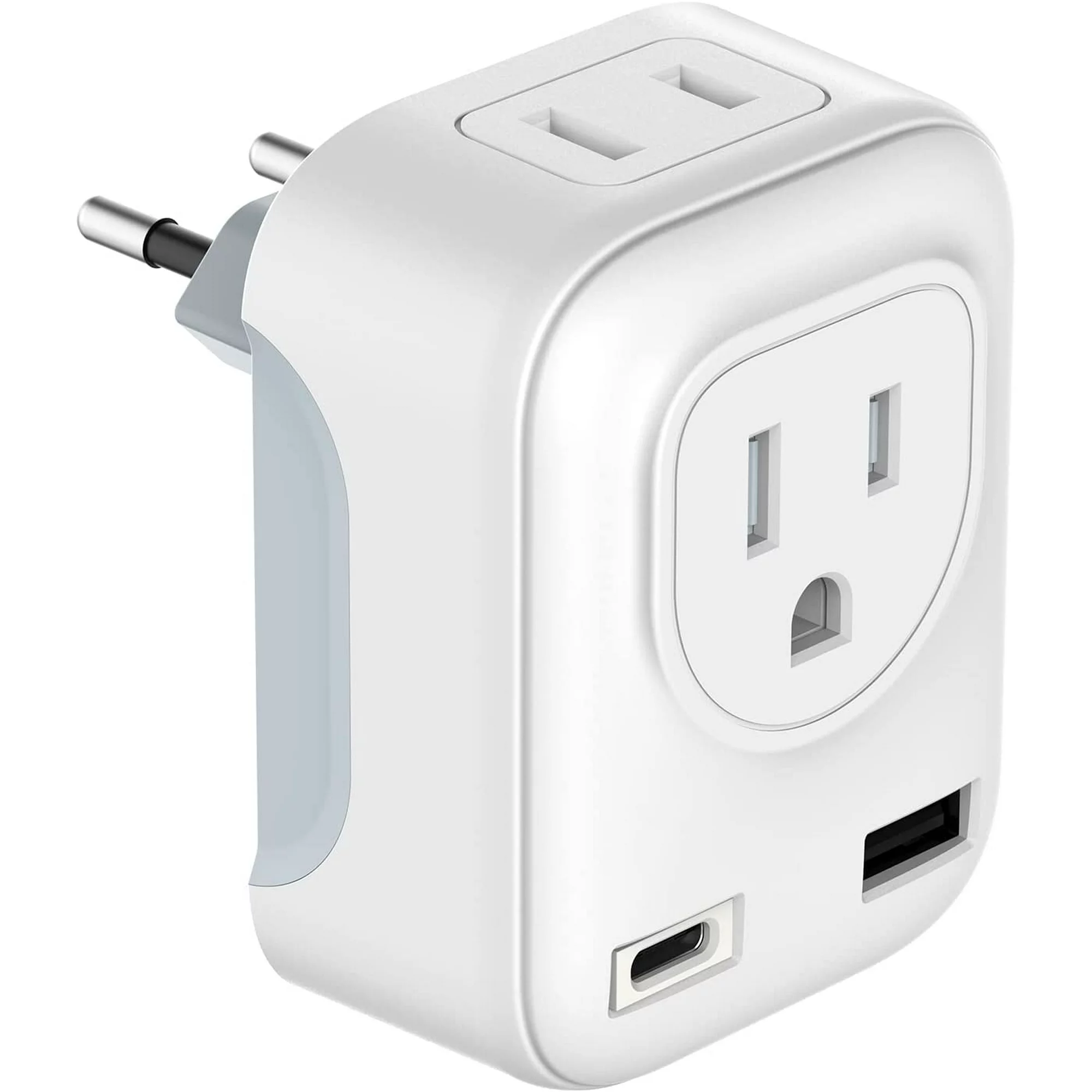 ✅Juyafio one pack universal travel adapter: The European travel plug adapter turns one European Type C socket into 1 standard American outlets & 1 USB and 1 USB C charging ports, Max Capacity Up to 3750 Watt (max 250 Volt, 15 A); 1 USB Ports can charge up to 2.4A, USB C charge up to 3A, owing you charge 4 devices simultaneously.

✅Compatible in most European countries: such as Austria, Belgium, Croatia, Denmark, Finland, France, Germany, Spain, Turkey, Iceland, Italy, Israel, Switzerland, Amsterdam. ( NOTE: NOT WORK in UK/Ireland/Scotland).

✅This power plug adapter is small, compact and lightweight adaptor is perfect for travel, and it will fit tight to your devices and won't fall out.

✅Multi-purpose usage: quality electric adapter plugs can be used to charge smartphones, power banks, Bluetooth speakers, laptops, tablets and etc.

SPECIFICATION:
Travel Plug Adapter with USB ;
Rated input Power: 3750W- 15A , 250V ;
USB Total Output: 2.4A Max ;
Material: PC+ABS Flame ;
Dimensions: 3.03 x 2.99 x 2.4 inch (L*W*H) ;
Product Weight: 90.72g ;

PACKAGE INCLUDE:
1 X Travel Plug