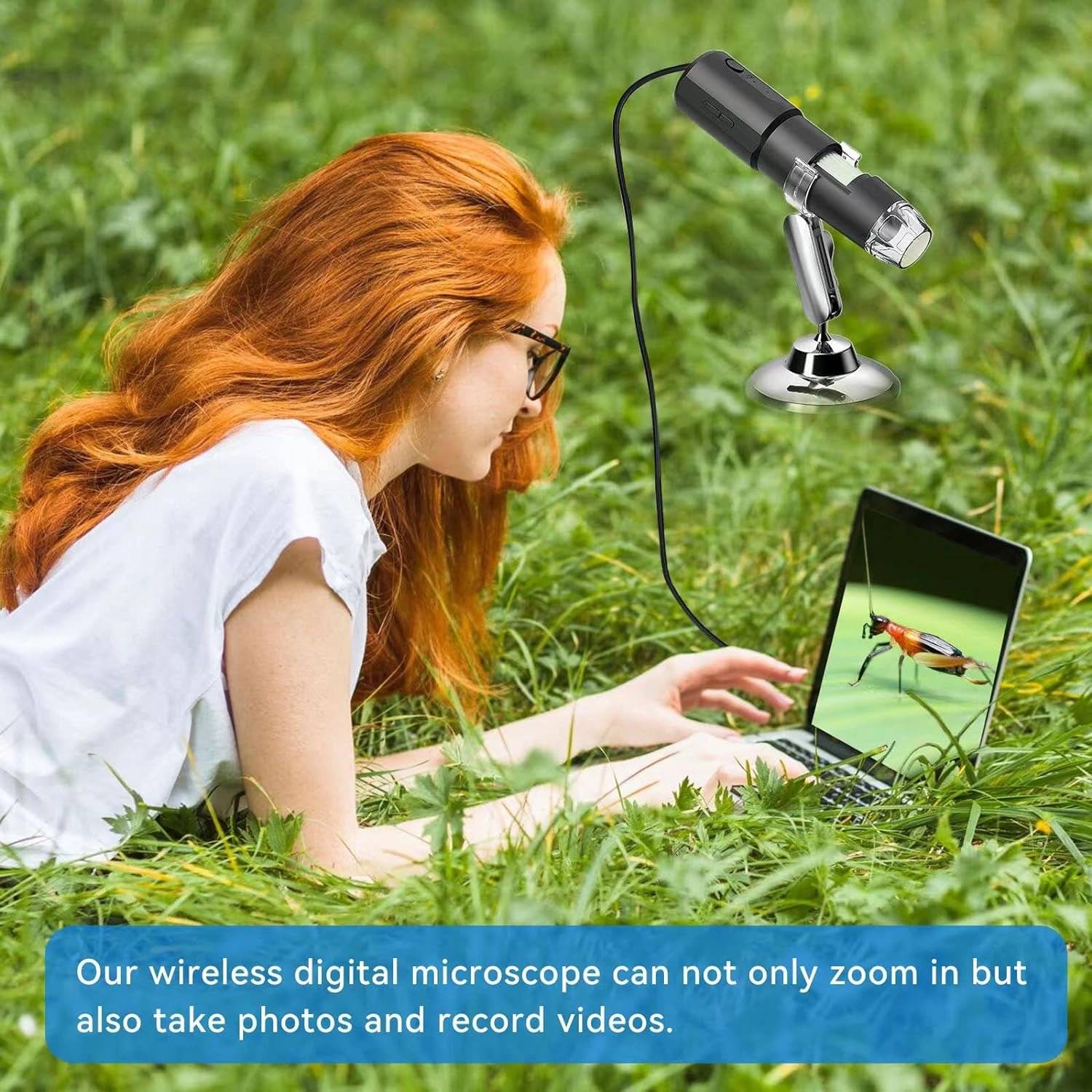 More than a microscope, it is a camera that can not only zoom in, but also take photos and record videos. It's really useful when documenting plant stages throughout their life cycle. Microscope mainly focuses on circuit board detection, insects, coins, jewelry, gems, hair, rocks, stamps, watch repair, skin testing, children's education testing, textile industry (not suitable for cells and medical purposes). The larger the screen, the better the display effect and the better the image quality. Support photography, video and file storage functions. Equipped with WIFI hotspots, cell phones and tablets that can connect the iOS/Android system.

. Amazing images and details: This Wireless USB Coin Microscope has a high-definition zoom lens that allows you to see incredible images and details, from 50x to 1000x magnification.
. Enjoy on the big screen: A USB charging cable is included to charge the microscope and connect it to your Windows PC, laptop, MacBook and use it. It's easy to set up.
. 360° rotating base: Support horizontal, vertical up and down, 360° full-field observation.
. More than a microscope: It's not just a microscope, it's a camera that not only magnifies, but also takes pictures and videos. The ability to capture video and still images is amazing. This is definitely a very interesting tool for anyone interested in exploring the microscopic world.
. Android & IOS No compatibility issues: Turn on the switch to use the mobile phone to connect to the built-in WIFI of the microscope, compatible with Android 4.3 & IOS8.0 and above.

How to use.
1. Mobile phone users.
2. Download and install APP.

. IOS: search for "Max-see" in APP store to download and install, the use the product.
. Android(International): Search for "Max-see" in Google Play to download and install.
. Android(China): Use the mobile browser to scan the following QR code to download and install.
. Support Windows Vista/7/8/10, MacOS X 10.8+.

Specification:
1. Package Dimensions: 6.46 x 4.61 x 1.93 inches
2. 8 Adjustable LED Lights
3. Package Included: Digital Microscope×1, USB×1, Manual×1
