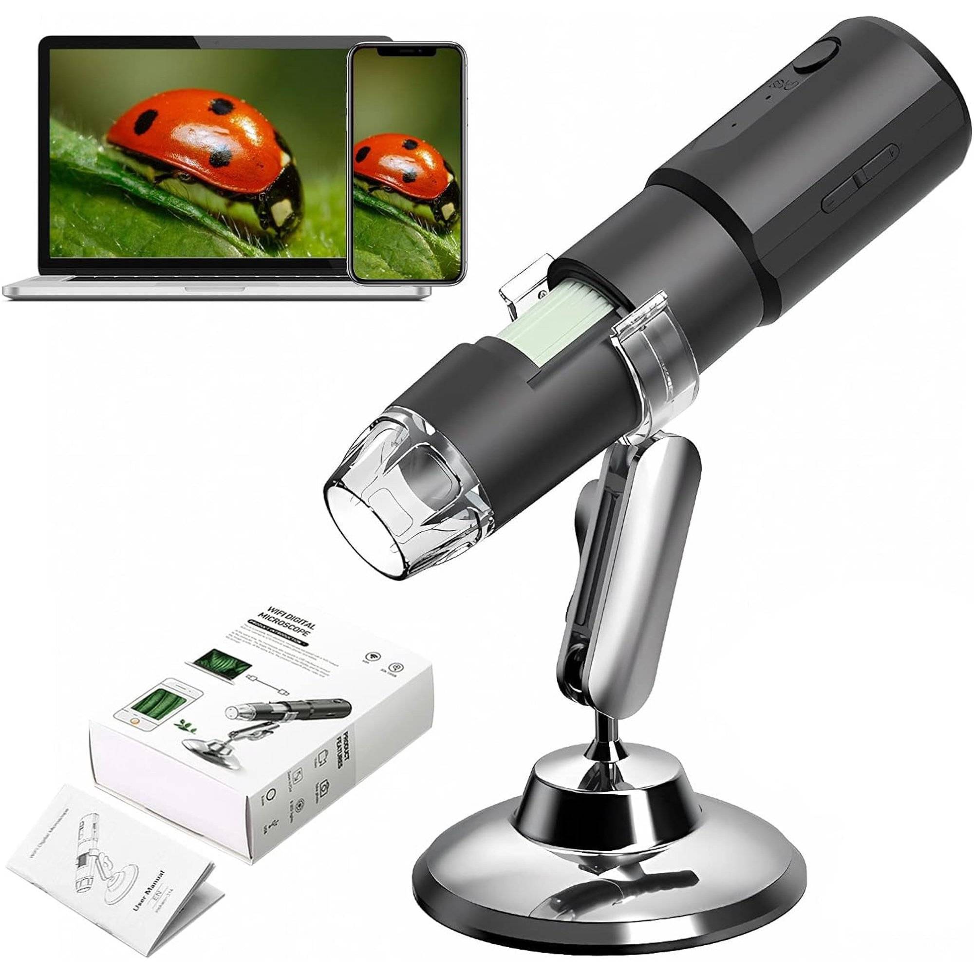 More than a microscope, it is a camera that can not only zoom in, but also take photos and record videos. It's really useful when documenting plant stages throughout their life cycle. Microscope mainly focuses on circuit board detection, insects, coins, jewelry, gems, hair, rocks, stamps, watch repair, skin testing, children's education testing, textile industry (not suitable for cells and medical purposes). The larger the screen, the better the display effect and the better the image quality. Support photography, video and file storage functions. Equipped with WIFI hotspots, cell phones and tablets that can connect the iOS/Android system.

. Amazing images and details: This Wireless USB Coin Microscope has a high-definition zoom lens that allows you to see incredible images and details, from 50x to 1000x magnification.
. Enjoy on the big screen: A USB charging cable is included to charge the microscope and connect it to your Windows PC, laptop, MacBook and use it. It's easy to set up.
. 360° rotating base: Support horizontal, vertical up and down, 360° full-field observation.
. More than a microscope: It's not just a microscope, it's a camera that not only magnifies, but also takes pictures and videos. The ability to capture video and still images is amazing. This is definitely a very interesting tool for anyone interested in exploring the microscopic world.
. Android & IOS No compatibility issues: Turn on the switch to use the mobile phone to connect to the built-in WIFI of the microscope, compatible with Android 4.3 & IOS8.0 and above.

How to use.
1. Mobile phone users.
2. Download and install APP.

. IOS: search for "Max-see" in APP store to download and install, the use the product.
. Android(International): Search for "Max-see" in Google Play to download and install.
. Android(China): Use the mobile browser to scan the following QR code to download and install.
. Support Windows Vista/7/8/10, MacOS X 10.8+.

Specification:
1. Package Dimensions: 6.46 x 4.61 x 1.93 inches
2. 8 Adjustable LED Lights
3. Package Included: Digital Microscope×1, USB×1, Manual×1
