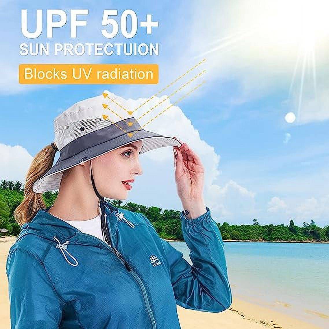 Sun Hat for Women UV Protection Bucket Fishing Hat with Ponytail-Hole, Foldable Outdoor Sun Hats Mesh Wide Brim Beach Hat.<br /><br />

Product Highlights:<br /><br />

【One Size Most】: This item women sun hat fits most ladies, Head circumference 21.2in-23.2 in/54cm-59cm, Brim width 3.3in-3.7in/8.5cm-9.5cm, Hat height 3.9in/10cm. Suitable size, casual style bucket hat will bring more comfort to your outdoor activities.<br /><br />

【Foldable & Breathable Fabric】: Mesh wide brim beach fishing Hat is made of polyester + cotton, lightweight and breathable, Inside is breathable mesh layer can greatly improve cooling. The beach hat is easy folded in half into your backpack, foldable material can be restored to its original shape for easy carrying or bagging.<br /><br />

【Adjustable Windbreak String】: The adjustable chin strap is durable and easy to slide up and down, for fixing the sun hat, especially in windy days, ensuring the summer cap does not fall in strong winds.<br /><br />

【Ponytail Hole Design】: The ponytail opening on the back is an intimate design for women, ponytail hat wide brim enough to protect the face from the sun and provides excellent protection from UV rays.<br /><br />

【Widely Used】： Women sun hats are perfect choices for outdoor, travel, beach, fishing, camping, hiking, hunting, gardening, pool, climbing, boating, golf, etc. This sun hat will be your staple hat for the entire summer!<br /><br />

Specifications:<br />
Material: 100% Polyester<br />
Pattern Type: Solid<br />
Style: Outdoor Hats<br />
Closure Type: Button closure<br />
Washing type: Machine Wash<br />
Size: One Size<br />
Color: Beige, Pink, Pure Black, Pure Grey, Pure Pink, Sky Blue, Watermelon Red<br /><br />
