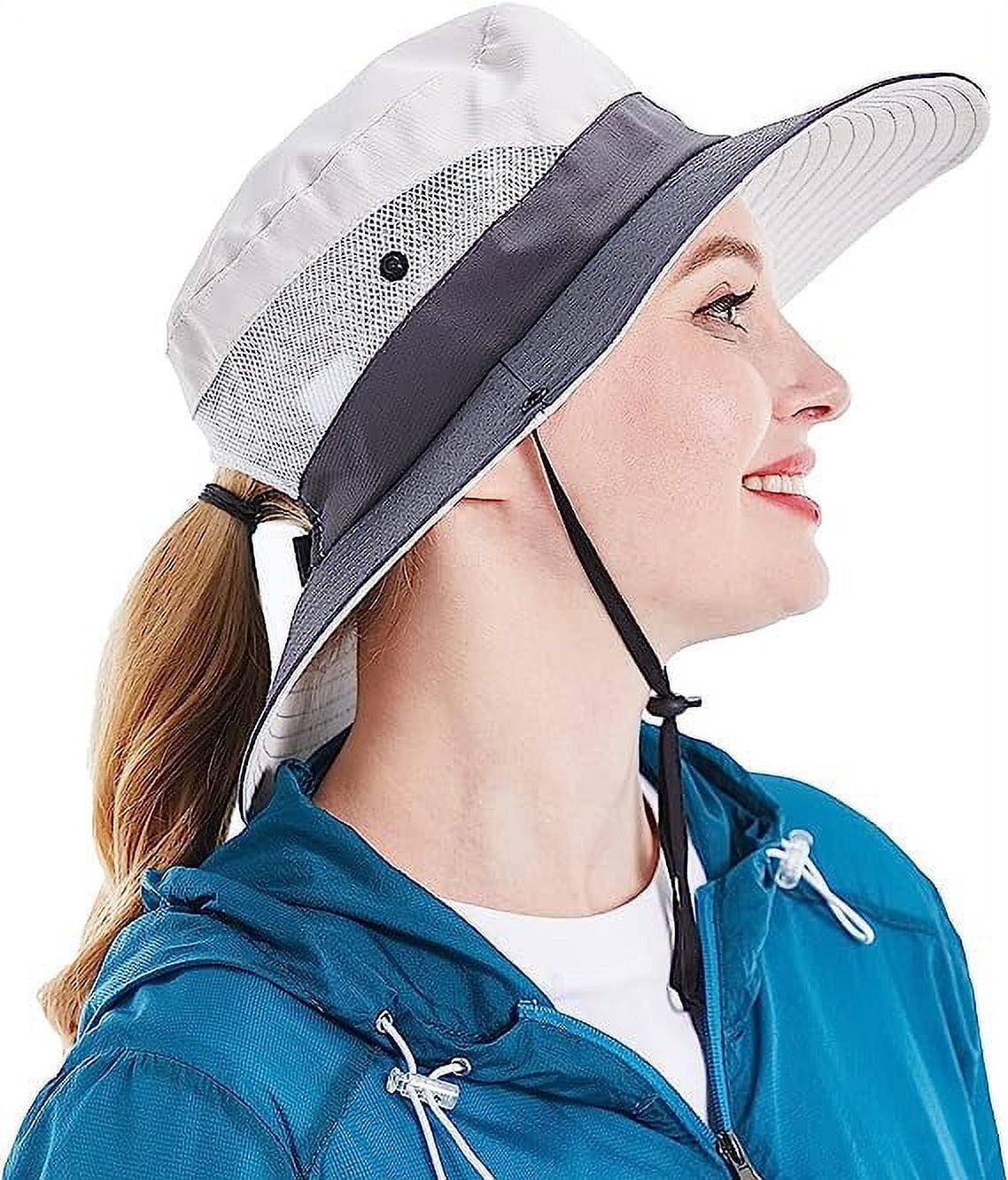 Sun Hat for Women UV Protection Bucket Fishing Hat with Ponytail-Hole, Foldable Outdoor Sun Hats Mesh Wide Brim Beach Hat.<br /><br />

Product Highlights:<br /><br />

【One Size Most】: This item women sun hat fits most ladies, Head circumference 21.2in-23.2 in/54cm-59cm, Brim width 3.3in-3.7in/8.5cm-9.5cm, Hat height 3.9in/10cm. Suitable size, casual style bucket hat will bring more comfort to your outdoor activities.<br /><br />

【Foldable & Breathable Fabric】: Mesh wide brim beach fishing Hat is made of polyester + cotton, lightweight and breathable, Inside is breathable mesh layer can greatly improve cooling. The beach hat is easy folded in half into your backpack, foldable material can be restored to its original shape for easy carrying or bagging.<br /><br />

【Adjustable Windbreak String】: The adjustable chin strap is durable and easy to slide up and down, for fixing the sun hat, especially in windy days, ensuring the summer cap does not fall in strong winds.<br /><br />

【Ponytail Hole Design】: The ponytail opening on the back is an intimate design for women, ponytail hat wide brim enough to protect the face from the sun and provides excellent protection from UV rays.<br /><br />

【Widely Used】： Women sun hats are perfect choices for outdoor, travel, beach, fishing, camping, hiking, hunting, gardening, pool, climbing, boating, golf, etc. This sun hat will be your staple hat for the entire summer!<br /><br />

Specifications:<br />
Material: 100% Polyester<br />
Pattern Type: Solid<br />
Style: Outdoor Hats<br />
Closure Type: Button closure<br />
Washing type: Machine Wash<br />
Size: One Size<br />
Color: Beige, Pink, Pure Black, Pure Grey, Pure Pink, Sky Blue, Watermelon Red<br /><br />
