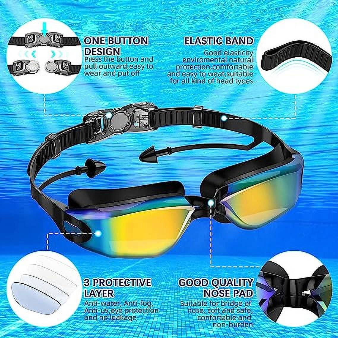  swim goggles for kids, swim goggles youth, adult, Comfortable Daily Swim Glasses with Mirrored Anti-Fog lens and UV Protection No Leak Water.
Key Features:
. Swim goggles adult provides a sleek, snug, low profile inner eye fit.
. Anti-Fog coating helps prevents the condensation of water.
. Flexible silicone frame and gasket can ensure no leak water.
. UV protected lenses block the sun's harmful UVA and UVB rays.
. Mirrored lens helps reduce glare.
. Updated styling with ultra low profile design and 25% more peripheral vision.

Specifications:
Color: Yellow Blue
Frame Material: Silicone+ABS
Lens Material: PC
Size: Large
Weight: 7.05 Ounces/0.45 lb

Packing list:
1x Swim goggles
1x Nose Clips
1x Portable case
1x Elastic Swimming Caps

Notes:
. This goggles can not be used by people who have over 100 degrees myopia eyes.
. Please take off the protective film on the surface of the goggles before use.