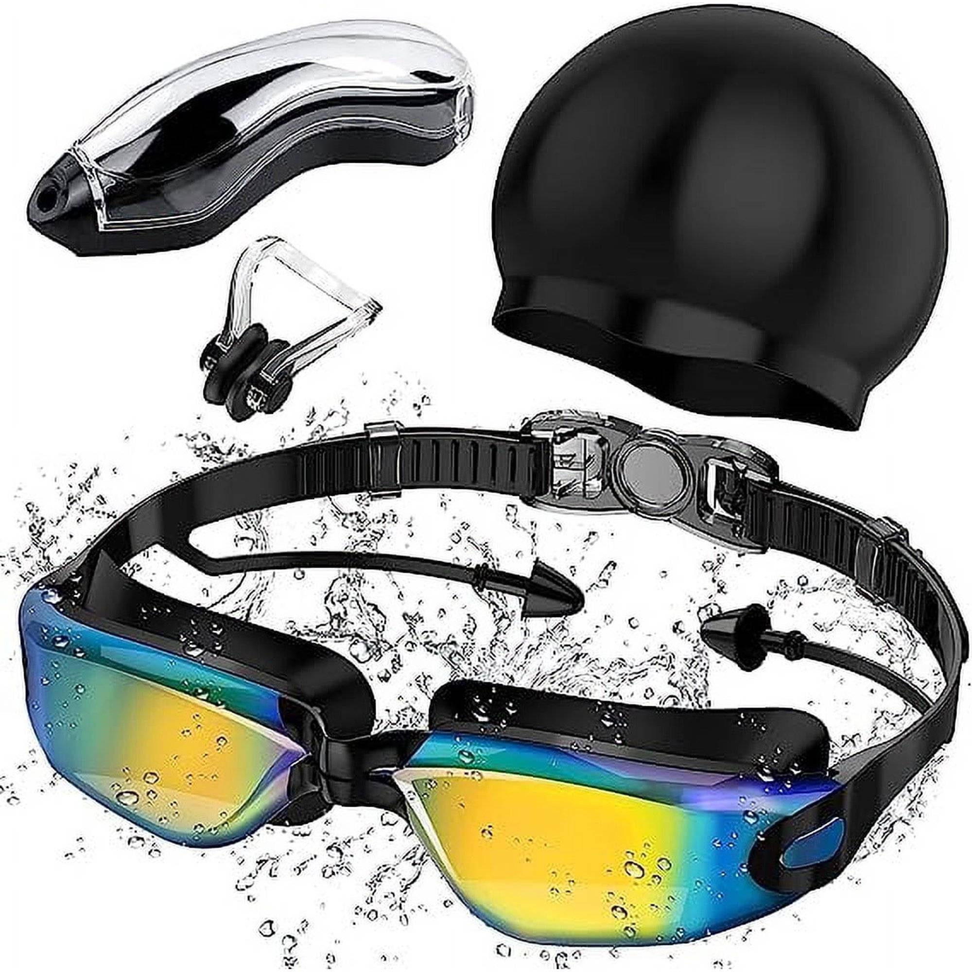  swim goggles for kids, swim goggles youth, adult, Comfortable Daily Swim Glasses with Mirrored Anti-Fog lens and UV Protection No Leak Water.
Key Features:
. Swim goggles adult provides a sleek, snug, low profile inner eye fit.
. Anti-Fog coating helps prevents the condensation of water.
. Flexible silicone frame and gasket can ensure no leak water.
. UV protected lenses block the sun's harmful UVA and UVB rays.
. Mirrored lens helps reduce glare.
. Updated styling with ultra low profile design and 25% more peripheral vision.

Specifications:
Color: Yellow Blue
Frame Material: Silicone+ABS
Lens Material: PC
Size: Large
Weight: 7.05 Ounces/0.45 lb

Packing list:
1x Swim goggles
1x Nose Clips
1x Portable case
1x Elastic Swimming Caps

Notes:
. This goggles can not be used by people who have over 100 degrees myopia eyes.
. Please take off the protective film on the surface of the goggles before use.