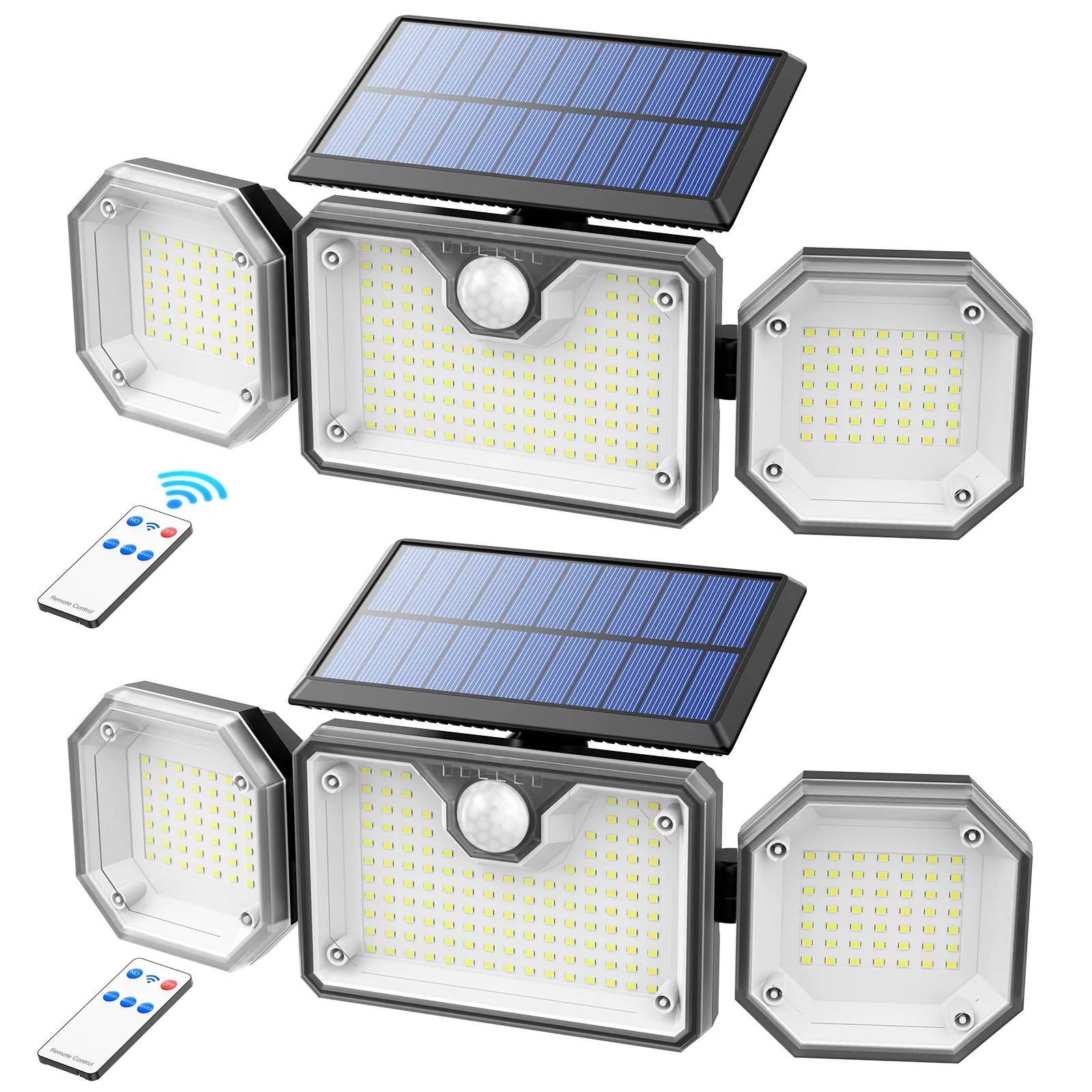 ✅ Solar lights outdoor lights, IP65 waterproof solar powered outdoor lights with wireless remote control, 2500LM 3Heads 230LED motion sensor outdoor light for patio garage yard entryways. Solar floodlight with 3 lighting modes.
1.【BRIGHT SOLAR POWERED OUTDOOR LIGHTS】
2.【LONG WORKING TIME】
3.【EASY TO INSTALL】
4.【IP65 WATERPROOF】

✅ Lighting Modes: (Do not light in daytime)
* Mode 1: Strong Light Sensor Mode
Turn on strong when motion is detected. Turn off after people leave.
* Mode 2: Dim Light Sensor Mode
Turn on strong when motion is detected. Turn to Dim after people leave, Turn off after 20S.
* Mode 3:Strong Long Light Mode
Turn on Lasting 5-8 Hours in Darkness or Night, Turn off after 5-8 Hours.