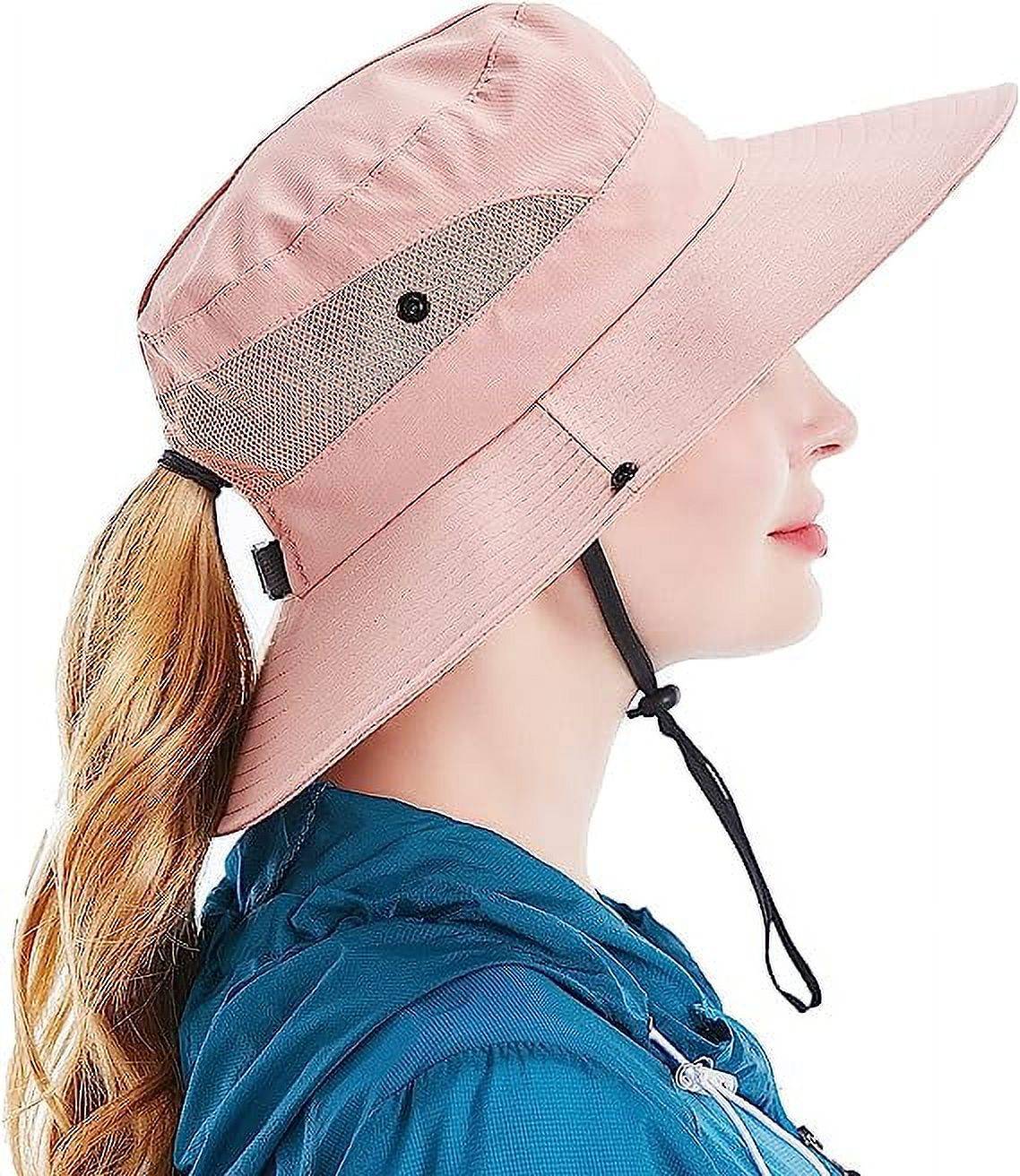 Sun Hat for Women UV Protection Bucket Fishing Hat with Ponytail-Hole, Foldable Outdoor Sun Hats Mesh Wide Brim Beach Hat.<br /><br />

Product Highlights:<br /><br />

【One Size Most】: This item women sun hat fits most ladies, Head circumference 21.2in-23.2 in/54cm-59cm, Brim width 3.3in-3.7in/8.5cm-9.5cm, Hat height 3.9in/10cm. Suitable size, casual style bucket hat will bring more comfort to your outdoor activities.<br /><br />

【Foldable & Breathable Fabric】: Mesh wide brim beach fishing Hat is made of polyester + cotton, lightweight and breathable, Inside is breathable mesh layer can greatly improve cooling. The beach hat is easy folded in half into your backpack, foldable material can be restored to its original shape for easy carrying or bagging.<br /><br />

【Adjustable Windbreak String】: The adjustable chin strap is durable and easy to slide up and down, for fixing the sun hat, especially in windy days, ensuring the summer cap does not fall in strong winds.<br /><br />

【Ponytail Hole Design】: The ponytail opening on the back is an intimate design for women, ponytail hat wide brim enough to protect the face from the sun and provides excellent protection from UV rays.<br /><br />

【Widely Used】： Women sun hats are perfect choices for outdoor, travel, beach, fishing, camping, hiking, hunting, gardening, pool, climbing, boating, golf, etc. This sun hat will be your staple hat for the entire summer!<br /><br />

Specifications:<br />
Material: 100% Polyester<br />
Pattern Type: Solid<br />
Style: Outdoor Hats<br />
Closure Type: Button closure<br />
Washing type: Machine Wash<br />
Size: One Size<br />
Color: Beige, Pink, Pure Black, Pure Grey, Pure Pink, Sky Blue, Watermelon Red<br /><br />

Package Contents:<br />
1 x Sun Hat<br />