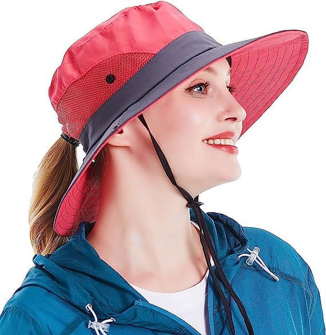 Sun Hat for Women UV Protection Bucket Fishing Hat with Ponytail-Hole, Foldable Outdoor Sun Hats Mesh Wide Brim Beach Hat.<br /><br />

Product Highlights:<br /><br />

【One Size Most】: This item women sun hat fits most ladies, Head circumference 21.2in-23.2 in/54cm-59cm, Brim width 3.3in-3.7in/8.5cm-9.5cm, Hat height 3.9in/10cm. Suitable size, casual style bucket hat will bring more comfort to your outdoor activities.<br /><br />

【Foldable & Breathable Fabric】: Mesh wide brim beach fishing Hat is made of polyester + cotton, lightweight and breathable, Inside is breathable mesh layer can greatly improve cooling. The beach hat is easy folded in half into your backpack, foldable material can be restored to its original shape for easy carrying or bagging.<br /><br />

【Adjustable Windbreak String】: The adjustable chin strap is durable and easy to slide up and down, for fixing the sun hat, especially in windy days, ensuring the summer cap does not fall in strong winds.<br /><br />

【Ponytail Hole Design】: The ponytail opening on the back is an intimate design for women, ponytail hat wide brim enough to protect the face from the sun and provides excellent protection from UV rays.<br /><br />

【Widely Used】： Women sun hats are perfect choices for outdoor, travel, beach, fishing, camping, hiking, hunting, gardening, pool, climbing, boating, golf, etc. This sun hat will be your staple hat for the entire summer!<br /><br />

Specifications:<br />
Material: 100% Polyester<br />
Pattern Type: Solid<br />
Style: Outdoor Hats<br />
Closure Type: Button closure<br />
Washing type: Machine Wash<br />
Size: One Size<br />
Color: Beige, Pink, Pure Black, Pure Grey, Pure Pink, Sky Blue, Watermelon Red<br /><br />

Package Contents:<br />
1 x Sun Hat<br />