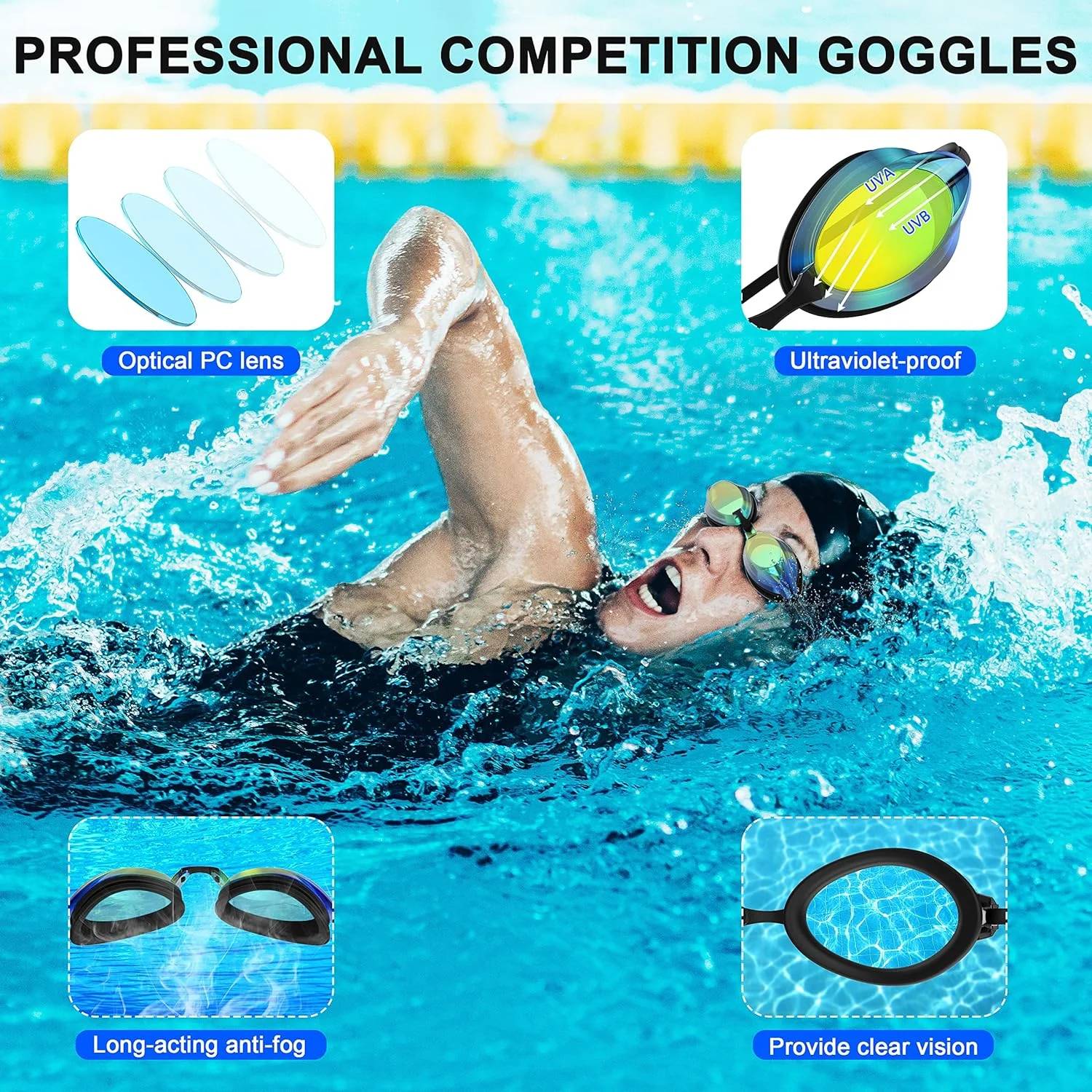 Swim Goggles for Kids, Adults, Youth, No Leak Waterproof Goggles with Nose Cover, Tinted, Anti-fog Lenses with UV Protection.

Key Features:
. Youth goggles provides a sleek, snug, low profile inner eye fit.
. Anti-Fog coating helps prevents the condensation of water.
. Flexible silicone frame and gasket can ensure no leak water.
. UV protected lenses block the sun's harmful UVA and UVB rays.
. Mirrored lens helps reduce glare.
. Updated styling with ultra low profile design and 25% more peripheral vision.

Specifications:
Brand: Juyafio
Color: Blue
Frame Material: Silicone+ABS
Lens Material: PC
Size: Large
Weight: 7.05 Ounces

Packing list:
1x Swim goggles
1x Nose Clips
1x Portable case
1x Elastic Swimming Caps

Notes:
. This goggles can not be used by people who have over 100 degrees myopia eyes.
. Please take off the protective film on the surface of the goggles before use.