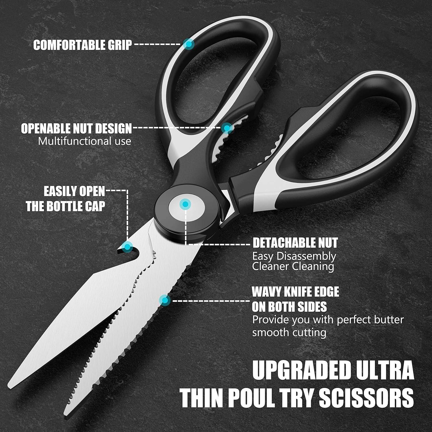 【Prefect All Purpose Kitchen Scissors Set】Has 2 different kitchen tools, including 8" super sharp kitchen shears & 5 blades herb scissors. All-purpose scissors for kitchen,household,home,car,outdoor general use. Great kitchen utility scissors set for women,men,adults,older. Make the kitchen job easier.

【Stainless Steel Sharp Blades & Soft Comfortable Handles】Made of premium stainless steel, these food scissors are super sharp, allowing you to cut through your food,meat,vegetables,chicken,poultry,fish,herbs,seafood,BBQ,food packing bags. A pair of multi-purpose scissors will be absolutely for everyday use, bring kitchen work more convenience. The ergonomically designed handle is shaped for comfort and features a soft grip coating for stability.

【Multifunctional Kitchen Shears】In addition to cut meat and vegetables in the kitchen it has more uses, which can be used as nuts cracker, bottle opener. Besides, the blade has a micro-serrated edge, and the scissor can scrape away fish scales. Not only performs well for kitchen tasks, but also daily use: cutting card boards, papers, hard plastic of product boxes, trimming rose stems. You want to use it everywhere and you can.

【Wonderful Herb Scissors】5-blade herb scissors can quickly cut vegetable stems into pieces. With it you can quickly and directly cut herbs on pizza, salad, casserole and soup. Such as onion, coriander, parsley, rosemary, leek, celery and other similar herbs. It's convenient to use in the kitchen, on the table and even cookout. No more cleaning knife and cutting boards. Not need to worry about cutting your finger like using a knife. And it's easy to clean up.

【Worth to Get Them】Warm tips: Pls cleaning after use, wipe off the water and keep dry to prevent rust. Hand washing is recommended in order to keep the blade edges sharp. Shears are suitable for right- or left-handed use. We guarantee that the high quality kitchen scissors will surely please you! Also a perfect gift on Christmas, Wedding Day, Mother's Day, Housewarming or more, especially for cooks and herb lovers.