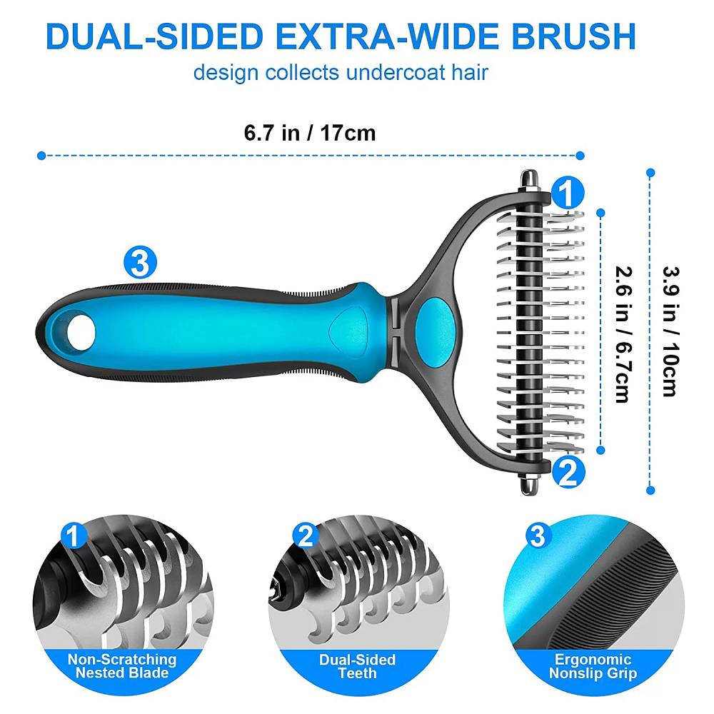 QSCQ Pet Dematting Comb Grooming Undercoat Rake 17+9 Teeth - Double Sided Designed, weight 0.47 lb .
You will be amazed at how much hair will come off after a single use imagine how your dog will love the new healthy and shiny coat after having a grooming session with our grooming tool.shedding brush. Our undercoat rake dramatically reduces shedding by up to 90% after just 1 short session. Perfect for matted, heavy shedding undercoats and extra fur. This is the perfect pet brush for daily deshedding.
Benefits from our grooming brush: Multi-purpose grooming tool - dual head design -the 9 teeth dematting side is perfect for removing mats, tangles, and knots, and the 17 teeth deshedding side is best suited for thinning and de-shedding loose hair. Stop pulling the hair out - slightly sharpened blades smoothly cut through the toughest mats. Reduce shedding regular brushing removes excess dead hair from your pet's undercoat, leaving you a clean and hair-free home. Safe for your furry friends - rounded ends teeth do not scratch or irritate the skin. Our dematting comb will leave your pet’s fur sleek, shiny and healthy, perfect for dogs, cats, horses, and rabbits with short, medium, and long coats.
Tips for Achieving the Best Grooming Results:
. Use the 9-teeth side to go over the coat a few times, until you’re pulling out less and less hair from the brush;
. Comb with the 17-teeth side to thin and de-shed undercoat and remove more loose hair;
. Pick out the small tangles or mats with our dog metal comb that the teeth can’t get through.