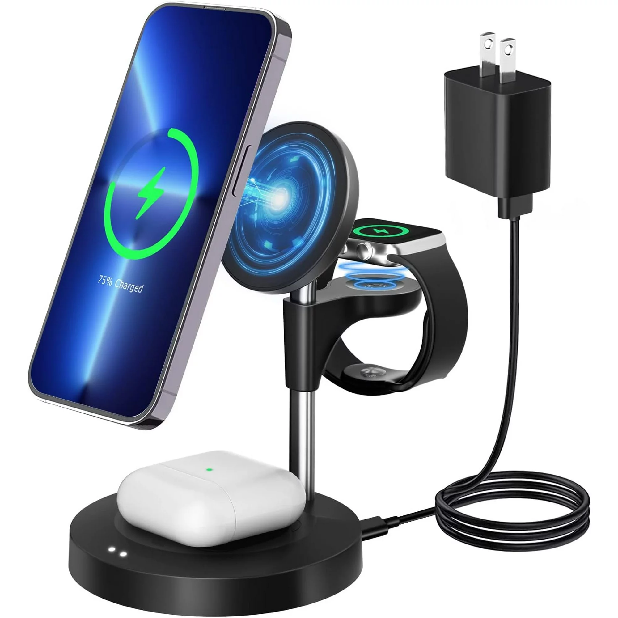 3 in 1 Wireless Charging Station (2023 Newest), Fast Mag-Safe Charger Stand with QC2.0 3.0 Adapter Compatible with iPhone 14,13,12 Pro Max/Pro/Mini/Plus, Watch Ultra/8/7/SE/6/5/4/3/2/1 (Black)



1. Compatible Case Types: For Magnetic Case, Not for Normal Case without magnetic function or thickness over 3mm

2. Compatible Phone Models:

Compatible with iPhone 14, iPhone 14 Pro, iPhone 14 Pro Max, iPhone 14 Plus

Compatible with iPhone 13, iPhone 13 Pro, iPhone 13 Pro Max, iPhone 13 mini

Compatible with iPhone 12, iPhone 12 Pro, iPhone 12 Pro Max, iPhone 12 mini

3. Compatible Smart Watch Models:

Compatible with Apple Watch Ultra/8/7/SE/6/5/4/3/2/1

4. Compatible TWS Bluetooth Earbuds Models:

For AirPods2(Wireless charging version), AirPods3, AirPods Pro

For Galaxy Buds, Buds+

For Soundcore Liberty Air 2 Pro, Liberty 2 Pro

For Sony WF-1000XM4