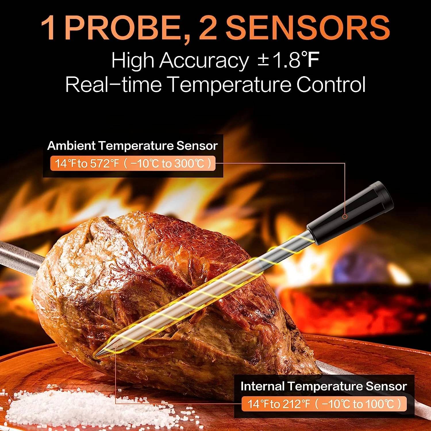 ✅ When you’re going to lose patience for cooking, from which you have paid a lot but never gained a bit, please stop self-doubting and step into a new world instead, together with our Bluetooth meat thermometer. It will be a massive success for beginners and take skilled cooks to a higher level with the time and temperature precisely controlled while cooking.

✅ Smart APP Control
Utilize Bluetooth 5.2 version to achieve a 50m(165ft) wireless range under the environment with no obstacles. Save you from the long cables and set you free from watching the meat closely. You don’t have to wait in the kitchen or bear the heat near the grill. Take a seat and check the phone while the wireless meat thermometer helps you keep an eye on it.

✅ Food-Grade Material
Safety should not be a concern while cooking and enjoying food. Food-grade PEEK is heat resistant, and the food-grade 304 stainless steel probe measures the internal temperature of the food from 0℃(32°F) to 100℃(212°F). Leave the BBQ thermometer probe inserted into the food to monitor and track the real-time temperature changes on your phone. 

✅ Intelligent Cooking System
Be more confident in cooking with this convenient app-based thermometer for cooking. Cooking food to a safe and proper temperature ensures food safety and gets the best flavor while avoiding undercooking or overcooking. Timers and alerts inform you to go on to the next step, allowing you to handle multitasking situations with ease and confidence.

✅ Convenient Charging Dock
Charging is faster than ever to finish in 5-10 minutes, while discharging time is longer than imagination to run out the battery in 4 hours. We’ve crafted a delicate wood-made charging base for the meat thermometer to get charged with the type-C cable connected. Also, it’s a comfy home for the thermometer when it’s not in use, so you can always find it at home.