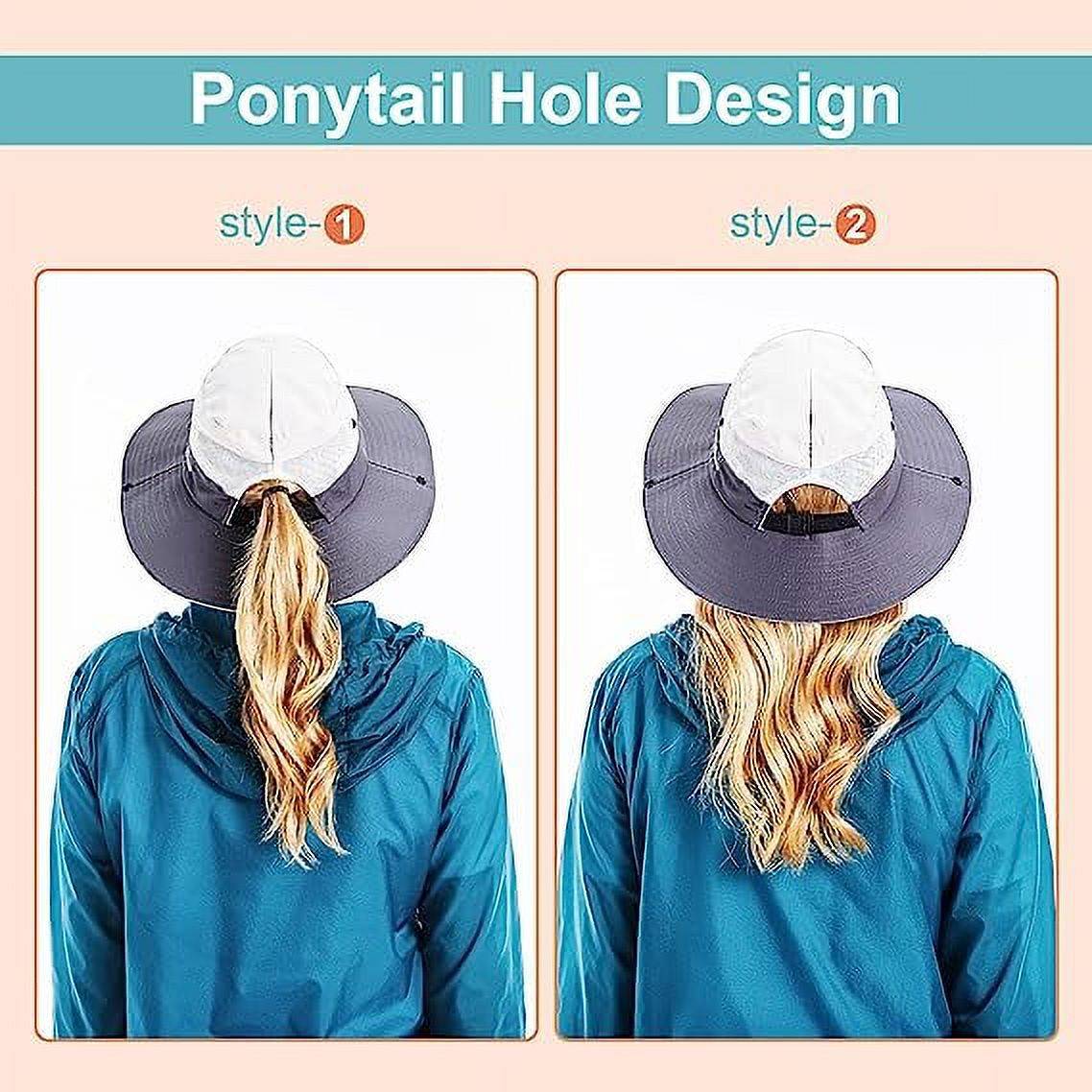 Sun Hat for Women UV Protection Bucket Fishing Hat with Ponytail-Hole, Foldable Outdoor Sun Hats Mesh Wide Brim Beach Hat.<br /><br />

Product Highlights:<br /><br />

【One Size Most】: This item women sun hat fits most ladies, Head circumference 21.2in-23.2 in/54cm-59cm, Brim width 3.3in-3.7in/8.5cm-9.5cm, Hat height 3.9in/10cm. Suitable size, casual style bucket hat will bring more comfort to your outdoor activities.<br /><br />

【Foldable & Breathable Fabric】: Mesh wide brim beach fishing Hat is made of polyester + cotton, lightweight and breathable, Inside is breathable mesh layer can greatly improve cooling. The beach hat is easy folded in half into your backpack, foldable material can be restored to its original shape for easy carrying or bagging.<br /><br />

【Adjustable Windbreak String】: The adjustable chin strap is durable and easy to slide up and down, for fixing the sun hat, especially in windy days, ensuring the summer cap does not fall in strong winds.<br /><br />

【Ponytail Hole Design】: The ponytail opening on the back is an intimate design for women, ponytail hat wide brim enough to protect the face from the sun and provides excellent protection from UV rays.<br /><br />

【Widely Used】： Women sun hats are perfect choices for outdoor, travel, beach, fishing, camping, hiking, hunting, gardening, pool, climbing, boating, golf, etc. This sun hat will be your staple hat for the entire summer!<br /><br />

Specifications:<br />
Material: 100% Polyester<br />
Pattern Type: Solid<br />
Style: Outdoor Hats<br />
Closure Type: Button closure<br />
Washing type: Machine Wash<br />
Size: One Size<br />
Color: Beige, Pink, Pure Black, Pure Grey, Pure Pink, Sky Blue, Watermelon Red<br /><br />

Package Contents:<br />
1 x Sun Hat<br />