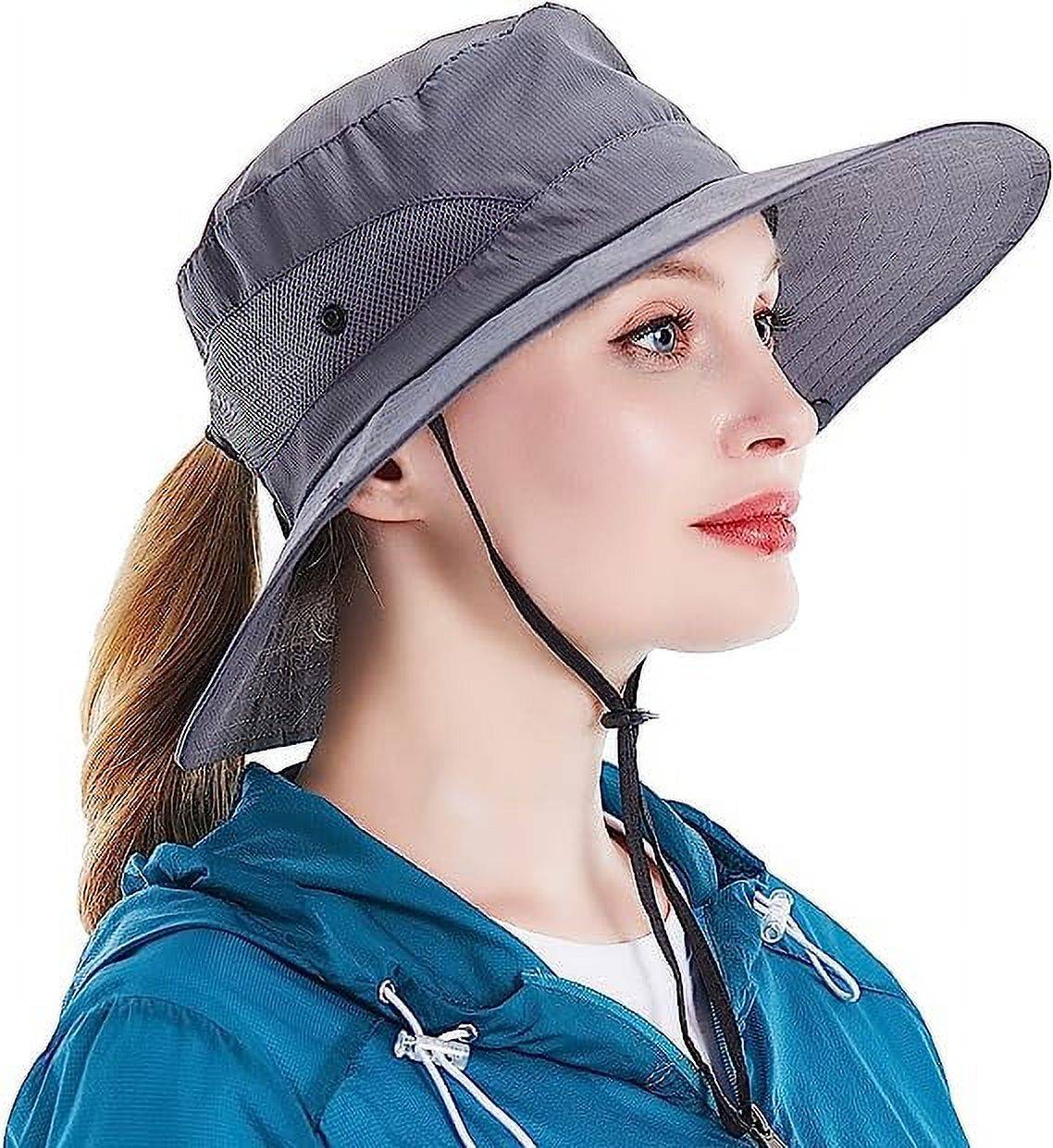 Sun Hat for Women UV Protection Bucket Fishing Hat with Ponytail-Hole, Foldable Outdoor Sun Hats Mesh Wide Brim Beach Hat.<br /><br />

Product Highlights:<br /><br />

【One Size Most】: This item women sun hat fits most ladies, Head circumference 21.2in-23.2 in/54cm-59cm, Brim width 3.3in-3.7in/8.5cm-9.5cm, Hat height 3.9in/10cm. Suitable size, casual style bucket hat will bring more comfort to your outdoor activities.<br /><br />

【Foldable & Breathable Fabric】: Mesh wide brim beach fishing Hat is made of polyester + cotton, lightweight and breathable, Inside is breathable mesh layer can greatly improve cooling. The beach hat is easy folded in half into your backpack, foldable material can be restored to its original shape for easy carrying or bagging.<br /><br />

【Adjustable Windbreak String】: The adjustable chin strap is durable and easy to slide up and down, for fixing the sun hat, especially in windy days, ensuring the summer cap does not fall in strong winds.<br /><br />

【Ponytail Hole Design】: The ponytail opening on the back is an intimate design for women, ponytail hat wide brim enough to protect the face from the sun and provides excellent protection from UV rays.<br /><br />

【Widely Used】： Women sun hats are perfect choices for outdoor, travel, beach, fishing, camping, hiking, hunting, gardening, pool, climbing, boating, golf, etc. This sun hat will be your staple hat for the entire summer!<br /><br />

Specifications:<br />
Material: 100% Polyester<br />
Pattern Type: Solid<br />
Style: Outdoor Hats<br />
Closure Type: Button closure<br />
Washing type: Machine Wash<br />
Size: One Size<br />
Color: Beige, Pink, Pure Black, Pure Grey, Pure Pink, Sky Blue, Watermelon Red<br /><br />

Package Contents:<br />
1 x Sun Hat<br />