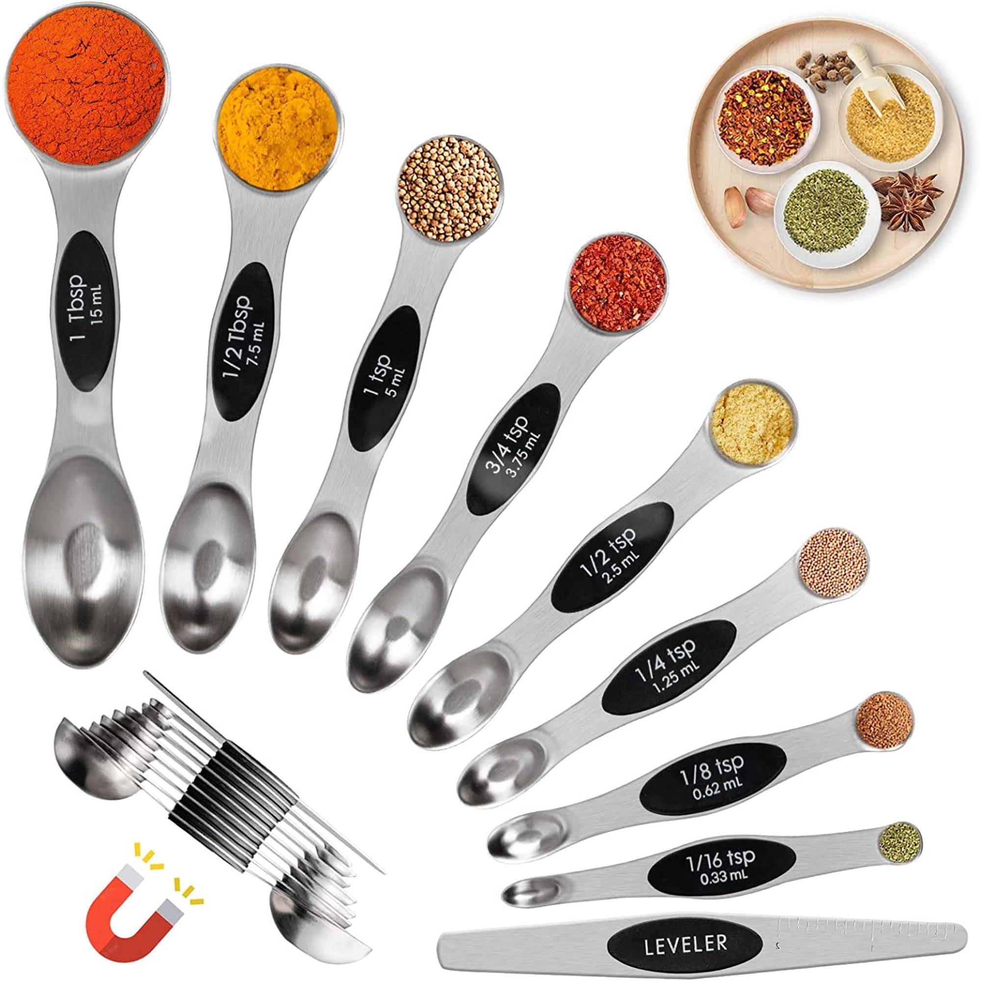 Magnetic Measuring Spoons Set Dual Sided Measuring Scoop Stainless Steel Measuring Spoons for Dry or Liquid Food, Silver(9 Pack).

This set includes 9 measuring spoons with levelers (8 measuring spoons of different sizes plus 1 leveler). You can attach them to any bottle cap, the color-coded label allows you to find them quickly when cooking, accurate and easy to read tsp/tbsp & ml measurement value.



Double sided: This measuring spoon is designed with two heads, just like there are two sets. The round head measures liquid ingredients, and the narrow oval head fits most spice jars or bottles. The spoon sits flat on the bottom and will not overflow. Use the included leveler to measure the exact amount of your recipe.

Magnetic: Each piece of this measuring spoon set has a reinforced magnetic center that can be easily stacked in a drawer so you don't have to take them out and put them back in again. These measuring spoons are easy to store and the strong magnet keeps them neatly in the drawer.

Material: Our measuring spoons are made of high quality stainless steel, with a strong structure, and the brushed surface is one-piece, very smooth, no corners or gaps to hide dirt, and will not rust, bend or deform. After using the spoon, you can easily put it in the dishwasher.