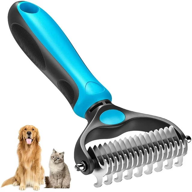 ✅✅ Pet Dematting Comb Grooming Undercoat Rake 17+9 Teeth - Double Sided Designed, weight 0.47 lb .

✅✅ You will be amazed at how much hair will come off after a single use imagine how your dog will love the new healthy and shiny coat after having a grooming session with our grooming tool. Our undercoat rake dramatically reduces shedding by up to 90% after just 1 short session. Perfect for matted, heavy shedding undercoats and extra fur. This is the perfect pet brush for daily deshedding.

✅✅ Benefits from our grooming brush: Multi-purpose grooming tool - dual head design -the 9 teeth dematting side is perfect for removing mats, tangles, and knots, and the 17 teeth deshedding side is best suited for thinning and de-shedding loose hair. Stop pulling the hair out - slightly sharpened blades smoothly cut through the toughest mats. Reduce shedding regular brushing removes excess dead hair from your pet's undercoat, leaving you a clean and hair-free home. Safe for your furry friends - rounded ends teeth do not scratch or irritate the skin. Our dematting comb will leave your pet’s fur sleek, shiny and healthy, perfect for dogs, cats, horses, and rabbits with short, medium, and long coats.

✅✅ Tips for Achieving the Best Grooming Results:
. Use the 9-teeth side to go over the coat a few times, until you’re pulling out less and less hair from the brush;
. Comb with the 17-teeth side to thin and de-shed undercoat and remove more loose hair;
. Pick out the small tangles or mats with our dog metal comb that the teeth can’t get through.