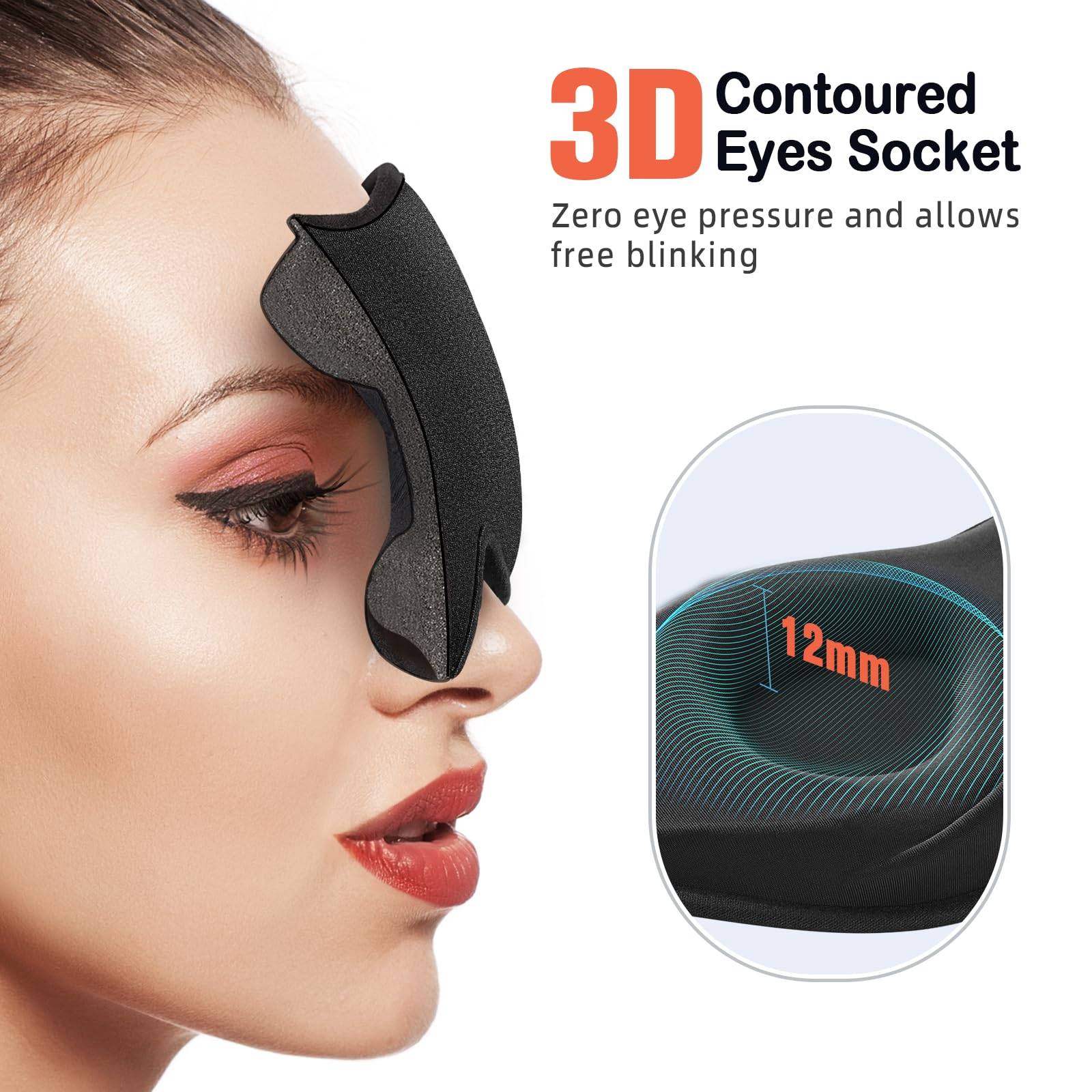 The sleep mask is specially designed with deeply molded cups that curve away from eyes and eyelashes for rub-free comfort sleeping mask. Our mask will keep your eyes shielded from light without smudging eye make-up or compressing your face, eyelids, and eyelashes while you sleep.