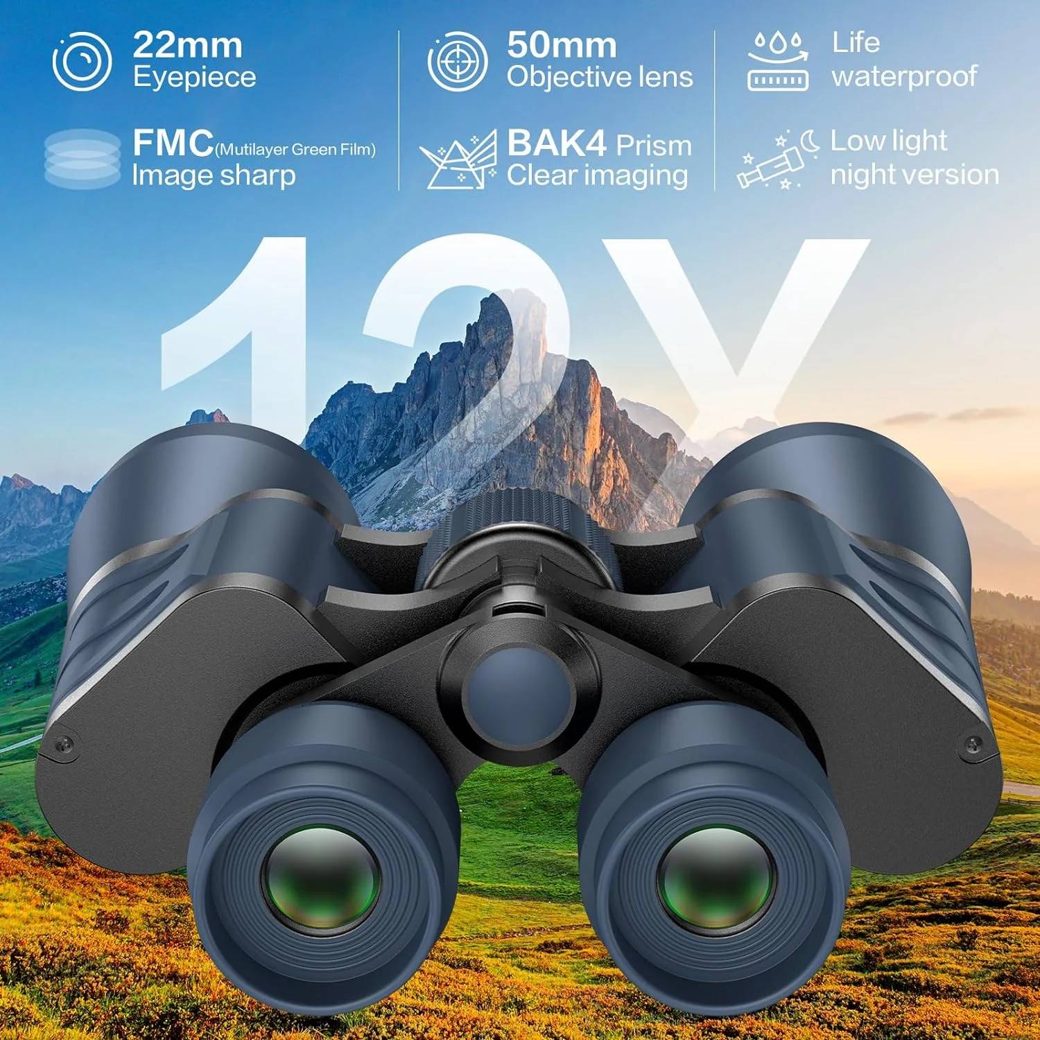 aims to provide professional optical equipment for every explorer! Once you pick up a pair of binoculars for the first time and set out on the road to distance, you'll never stop. Our waterproof binoculars are designed with 12x high power magnification and a 50mm wide angle lens, providing a large field of view of 305ft/1000yds when in use. These binoculars feature night vision capability, large BAK4 prism, fully multi-coated objective lens and eyepiece, enabling adventurers to observe targets clearly even in low-light environments such as cloudy or dusk settings.This birding binocular is compact, non-slip, fog-proof and waterproof, making it especially suitable for outdoor activities such as birding, hunting, traveling, stargazing and camping.Whether it's for an upcoming Christmas, birthday or Father's Day, it's the ideal choice for anyone looking to select a gift.

Specifications:
Brand：Juyafio
Item: Binocular
Material：Metal body with rubber coating & all-optical glass
Magnification: 12X
Objective lens diameter: 50mm
Eyepiece diameter: 22mm
Prism glass: BAK4
Focus System：Center
Center field of view：390ft / 1000 yds
Exit Pupil Diameter：7mm (Also works well in dim light)
Exit pupil distance: 16.7mm
Coating: FMC
Item Dimensions: 8.15 x 7.87 x 3.11 inches, 1.9 pounds(2-3mm difference measured by hand).