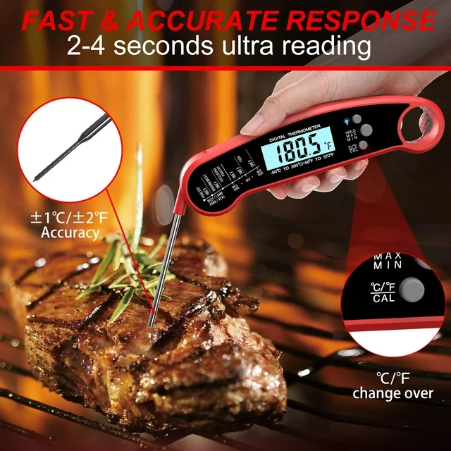 wireless thermometer for grill - meat thermometer digital, instant read thermometer for cooking, BBQ, Kitchen - Fast Digital Food Thermometer

Kitchen Thermapen Thermometer - Try our digital cooking thermometer kitchen tool with many uses including a frying thermometer baking thermometer grill thermometer digital probe liquid thermometer and more.

Digital Instant Read Grill Thermometer- Accurate Reading & Ultra Fast, Equipped with a food grade stainless long probe, thermometer takes the temperature in a little as 2 seconds and is accurate to ±1°C(1.8℉) degrees with a wide range of -58℉~572℉（-50°C~300°C), Our meat thermometer for grilling and deep fry thermometer can help perfect your cooking.

Probe thermometer - A food thermometer instant read meat temperature probe can make a big difference so add our meat probe to your grill tools and see the power of a digital thermometer cooking aid.

BBQ Wireless Meat Thermometer - Our instant read thermometer digital BBQ accessories are great for indoor/outdoor cooking whether you need a general grilling thermometer or just a steak thermometer.

Packing listing:
1 x Meat Thermometer.
1 x User Manual.
1 x Food Temp Chart.
1 x CR2032 Button Battery (installed).
1 x Battery Case Opener.